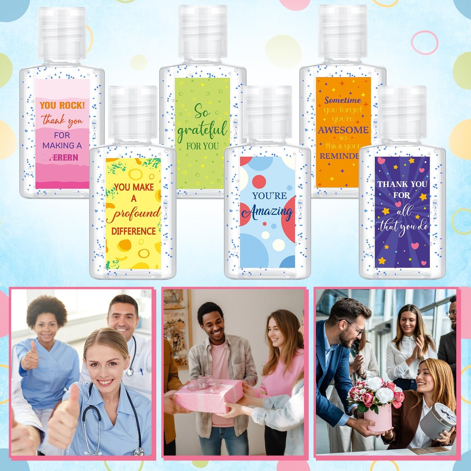 Set of 48 Frienda mini hand sanitizers in 1oz travel size bottles, ideal for employee appreciation and bulk use.