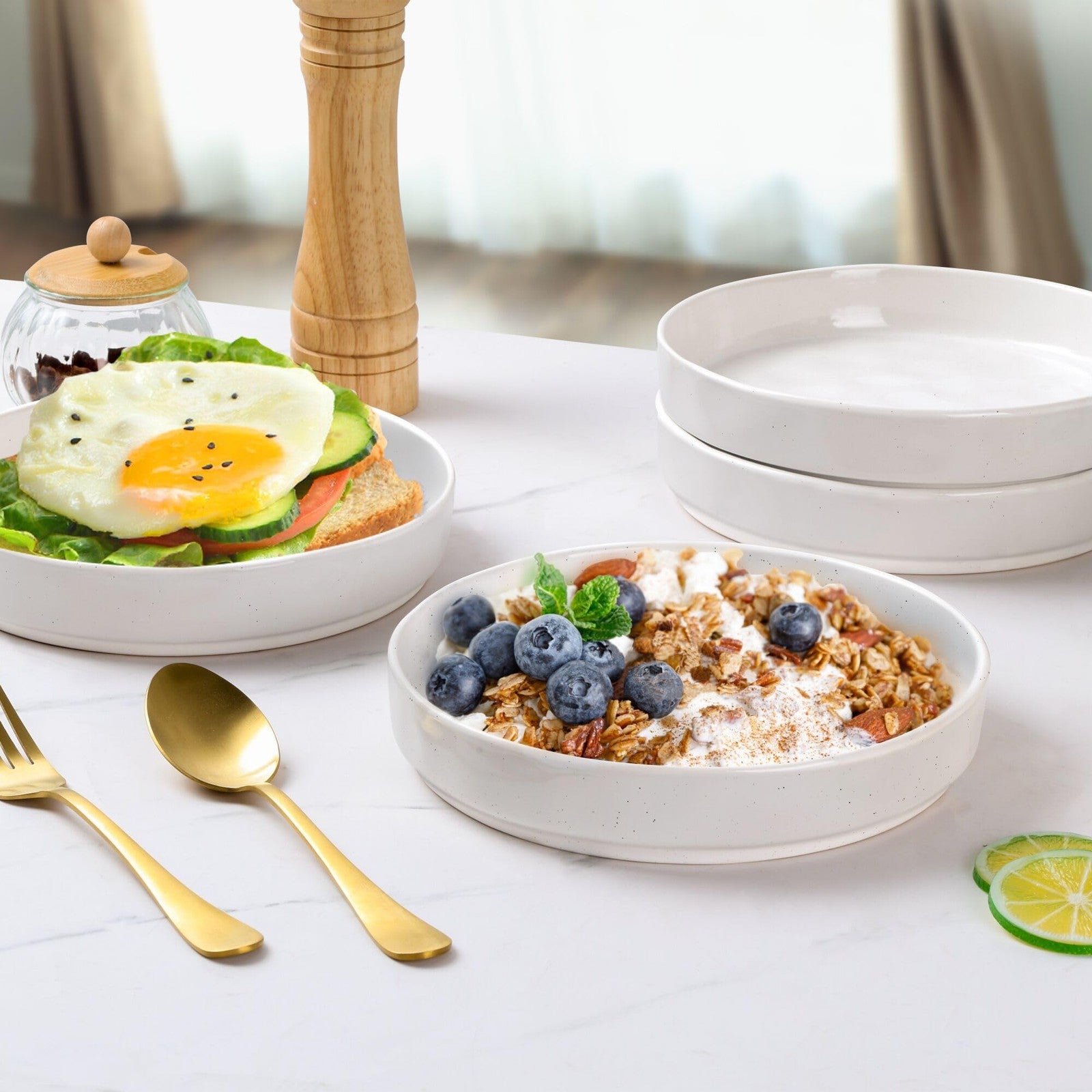 E-far set of 4 30oz pasta bowls with shallow design, 8.25-inch size, ideal for dinner serving and salads