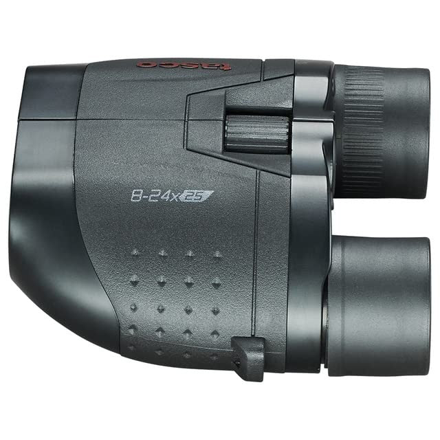 Tasco Essentials 8-24x25 binoculars with compact design and adjustable zoom, ideal for outdoor and wildlife viewing.