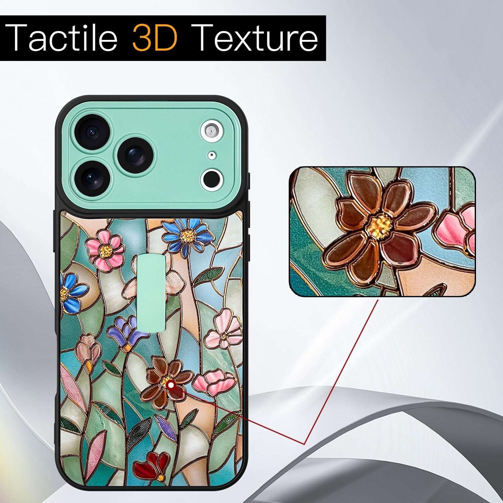 SOKAD 3D floral iPhone 17 Pro case with finger strap and kickstand, featuring vibrant floral design and protective phone cover.