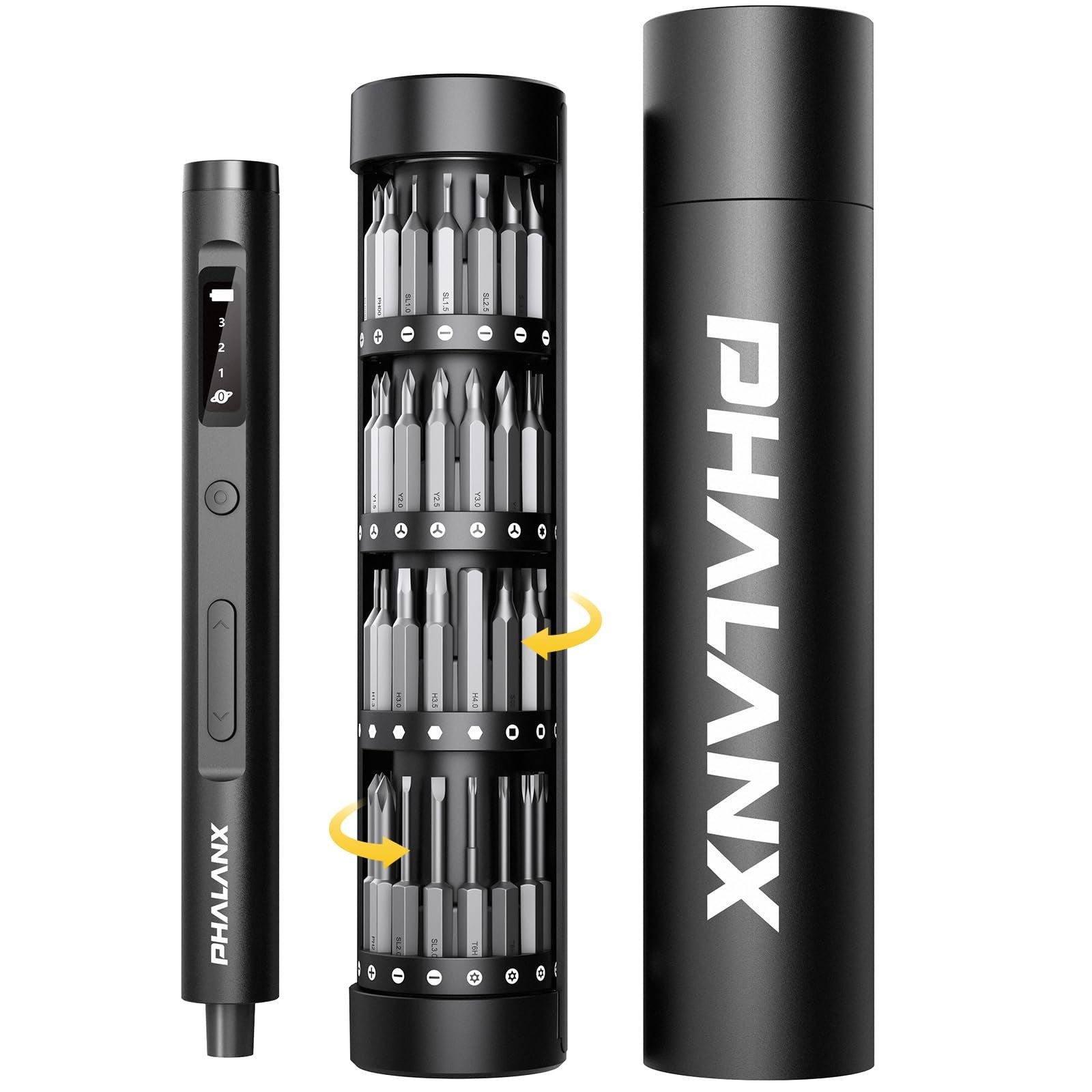 PHALANX Mini 3.7V electric screwdriver with a 60-in-1 precision screwdriver set, showing various interchangeable bits and compact design.
