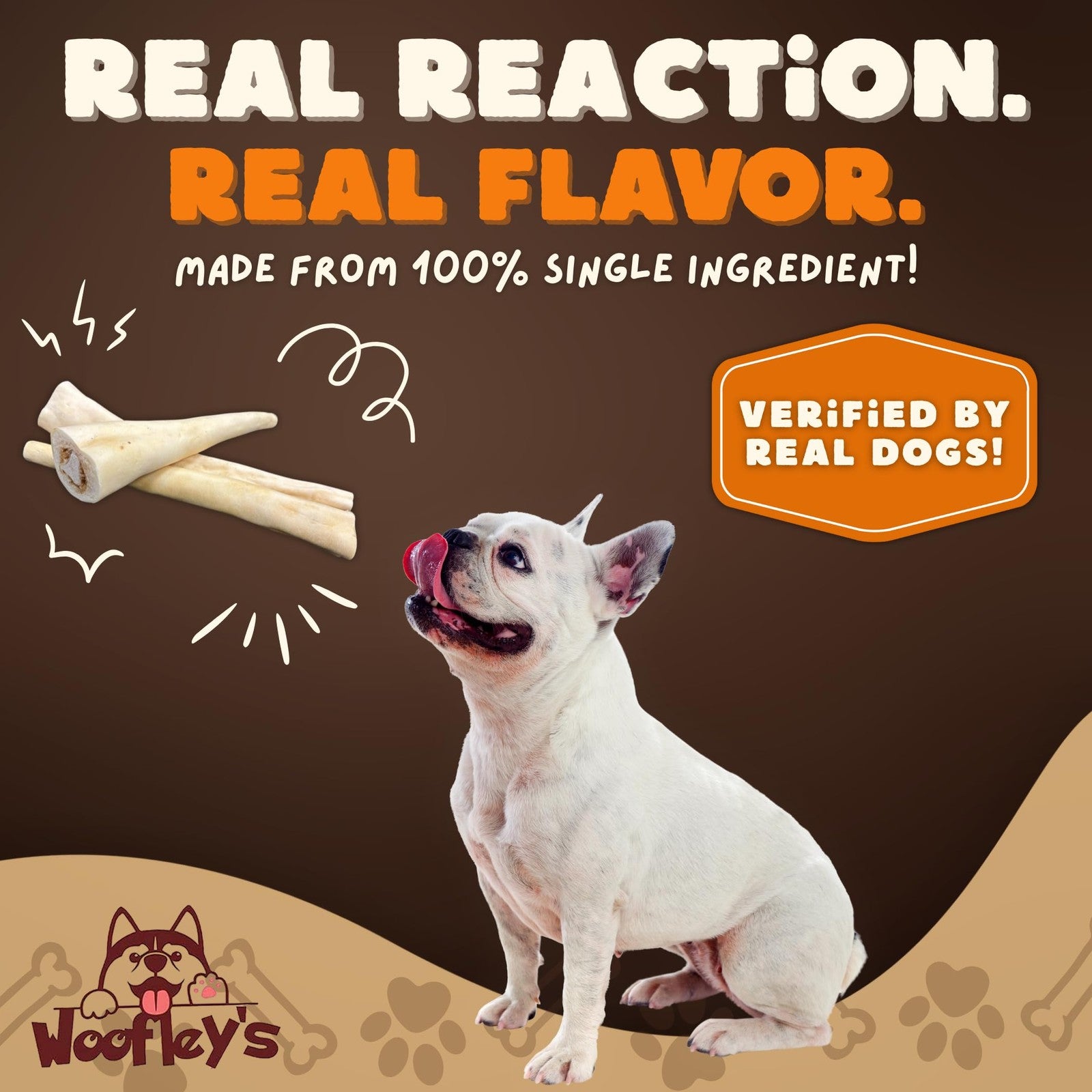 Woofley's 12-inch cow tail dog chews, high-protein ox tail bones, displayed in a pack, suitable for dogs' chewing and dental health.