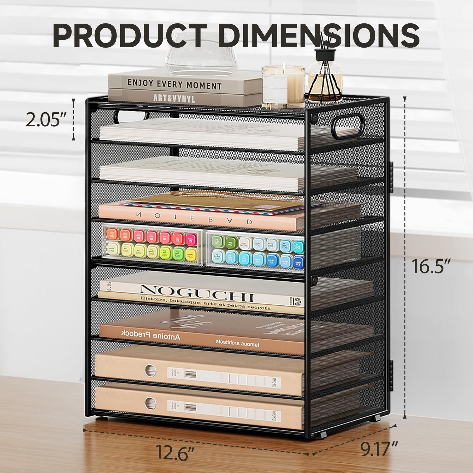 SUBEKYU 9-tier black metal mesh desk paper organizer with letter trays for files and documents.