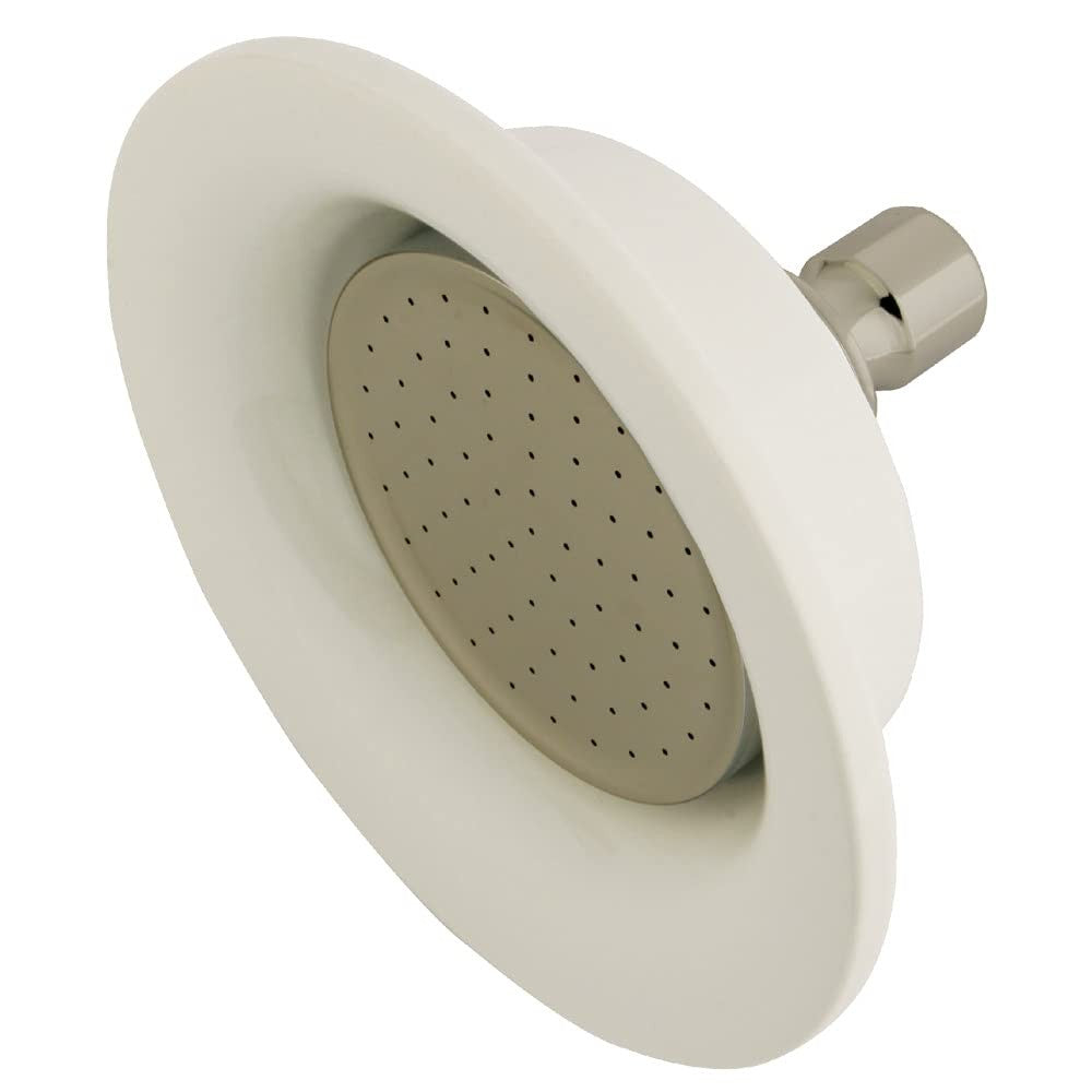 Kingston Brass Victorian P60SN round ceramic shower head with raindrop design, 6-5/16 inch diameter, wall-mounted bathroom fixture.