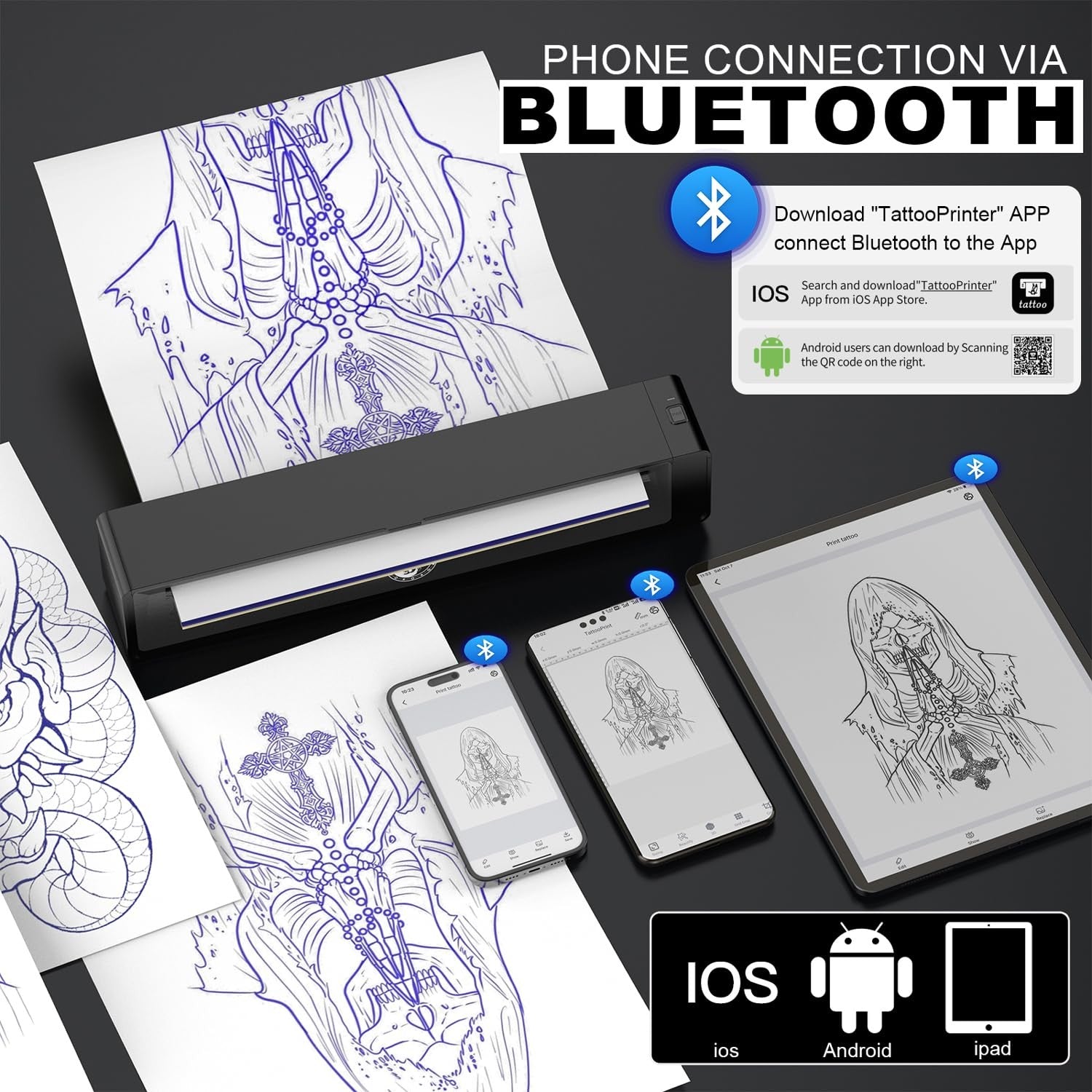 Wormhole Tattoo stencil printer with wireless Bluetooth, portable design, and a 2,500mAh battery, shown on a white background.