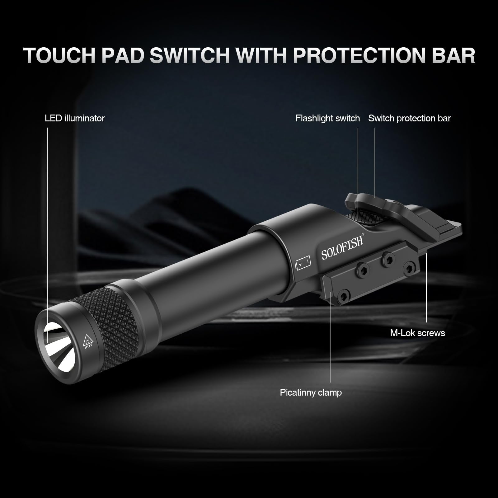 Solofish 1450lm aluminum flashlight for Picatinny and Mlok rails with batteries included, showing the compact, rugged design and LED light.