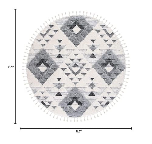 Safavieh Moroccan Tassel Shag Collection round area rug in ivory and grey with boho tassel accents.