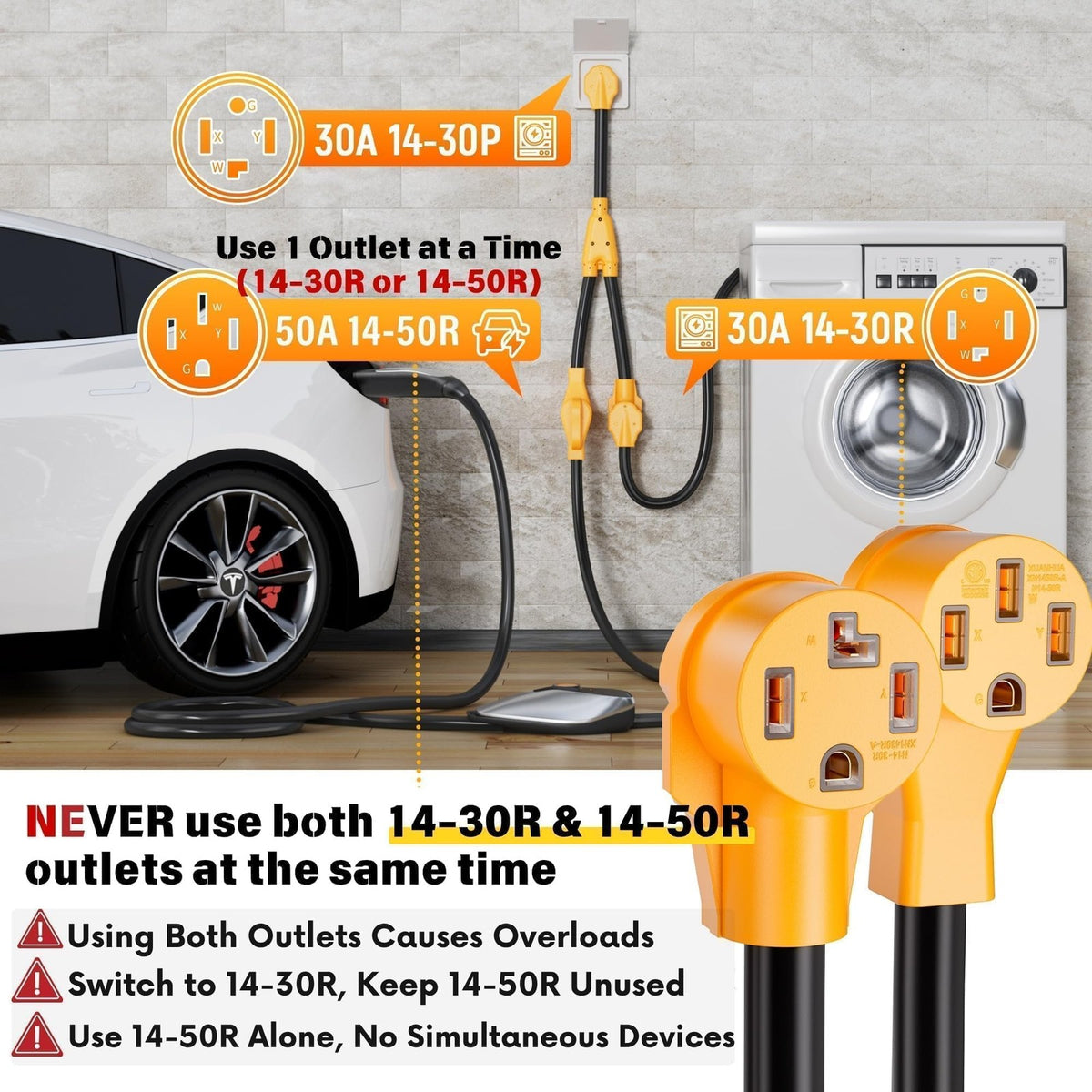 Unbranded Mecmo Nema 14-30P to 14-50R and 14-30R dryer outlet splitter with four prongs for EV charging and dryer connections