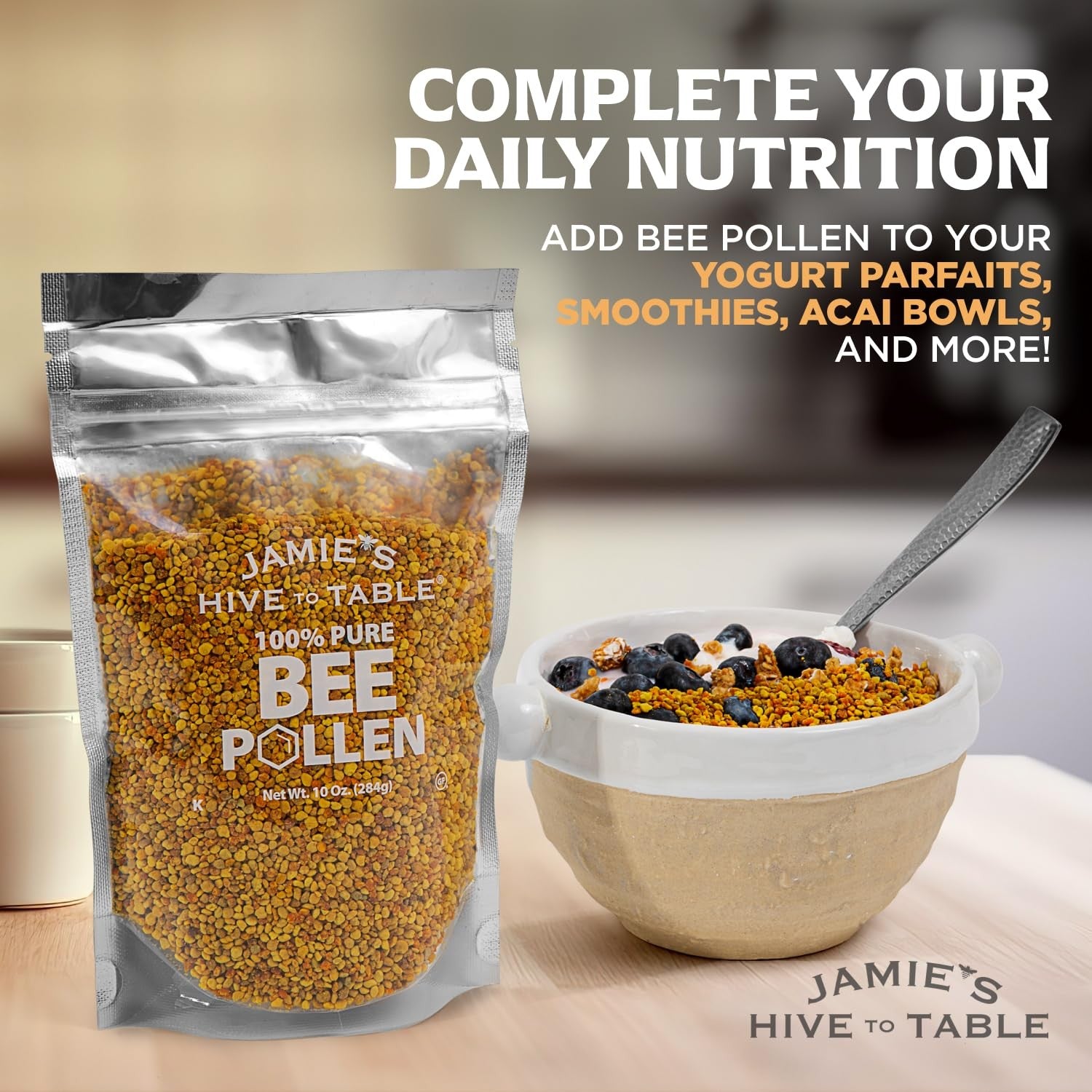 Jar of Jamie's Hive to Table Raw Bee Pollen, 10 oz, showing golden bee pollen granules in a clear container.