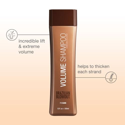 Brazilian Blowout Volume Shampoo 12 fl oz bottle, moisturizing hair care product for boosting volume and shine.