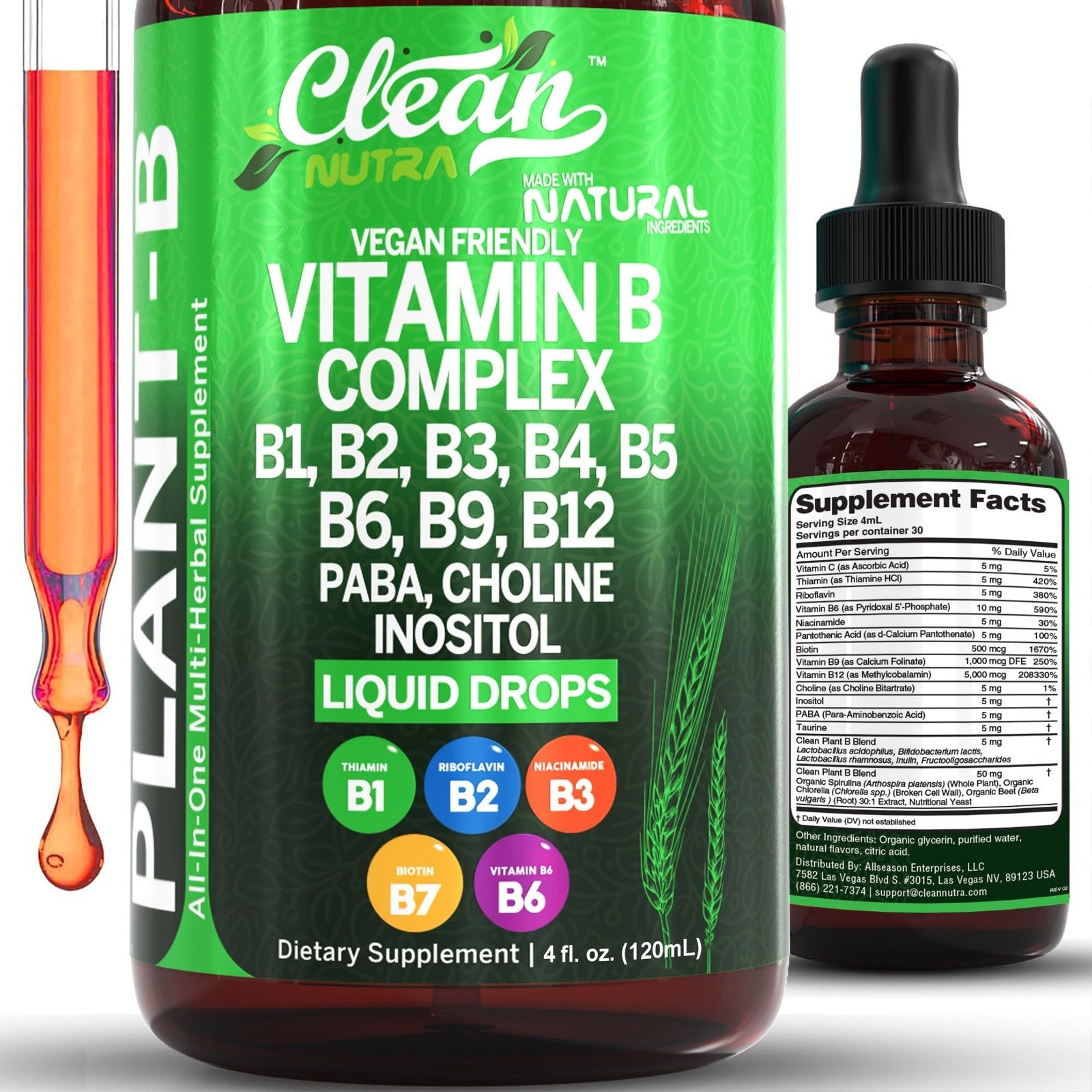 Clean Nutraceuticals Vitamin B Complex Liquid Drops with Thiamine B1, B6, B2, B3, B5, B7, B9, B12, Ni in a dropper bottle.