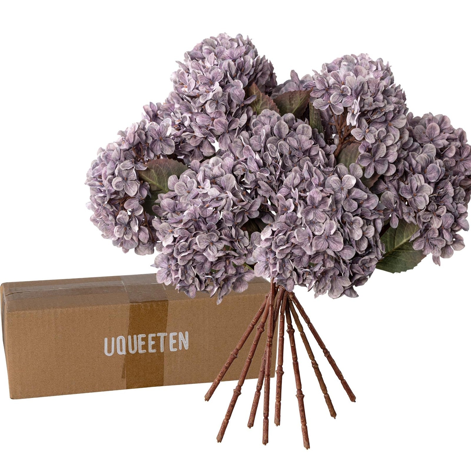 Artificial silk hydrangea flower heads bouquet with stems, ideal for fall decor, by Uqueeten.