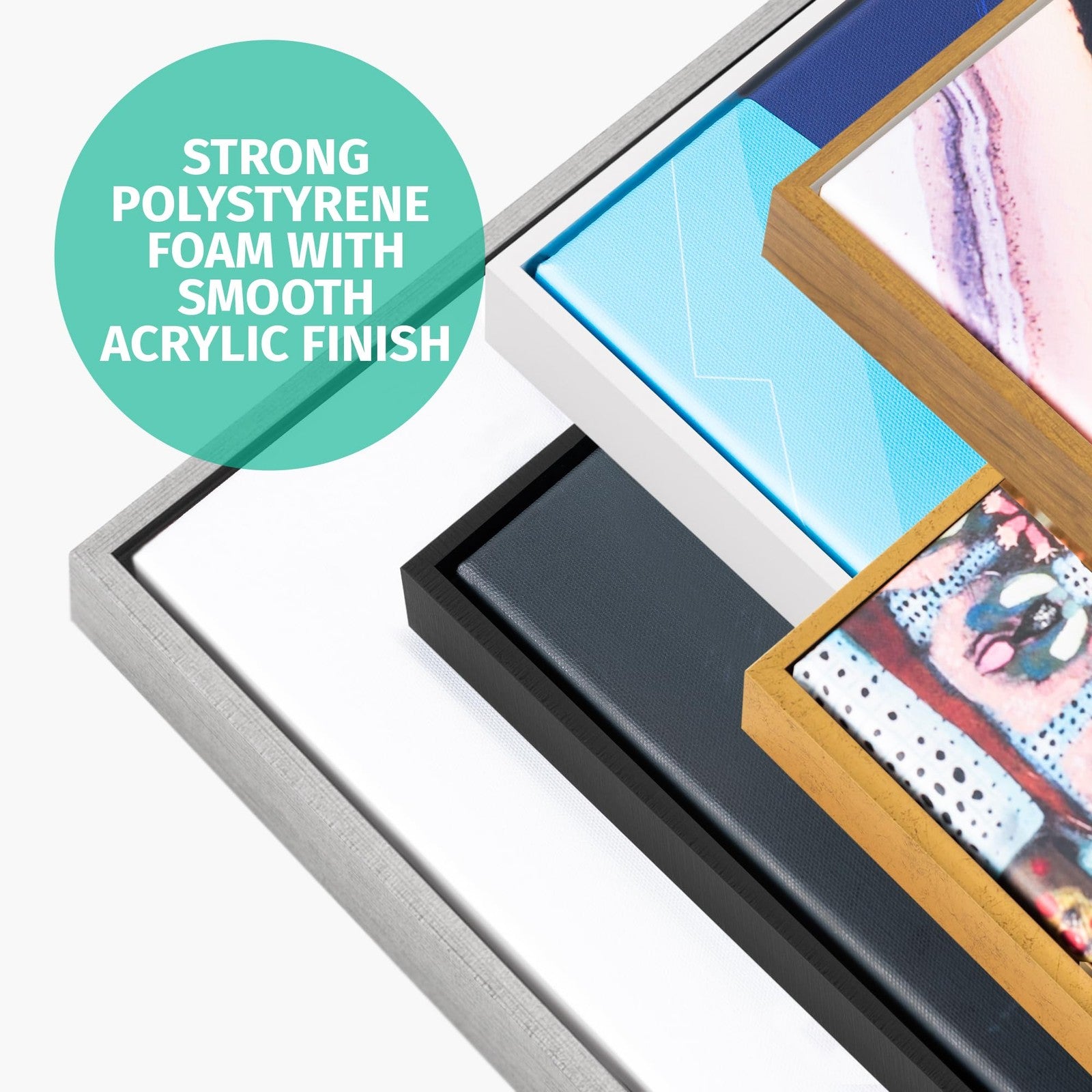 Pixy Canvas 14x14 inch floater frame for 1.5-inch deep canvas paintings, showcasing a wooden frame around a painted canvas.
