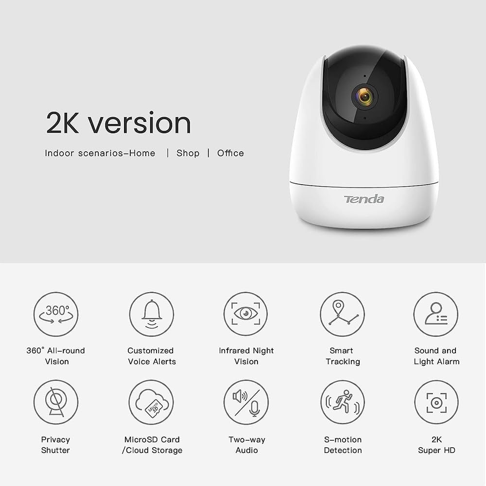 Tenda CP6 2K indoor wireless security camera with pan-tilt functionality, ideal for home security and baby monitoring.