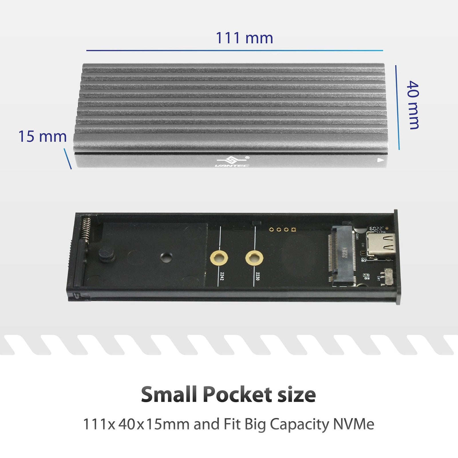 Vantec M.2 NVMe SSD to USB 3.1 Gen 2 Type-C enclosure with C to C cable, showing the sleek black enclosure and cable.