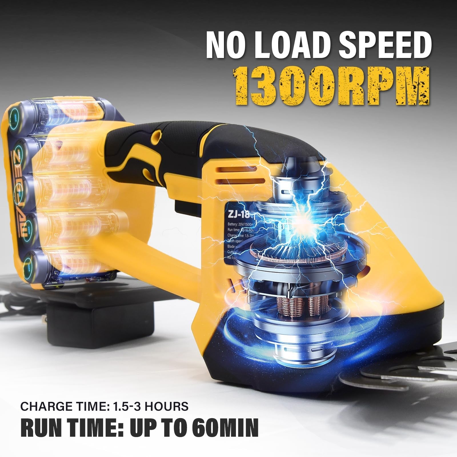 ZEGJAW 20V cordless hedge trimmer and grass shear in black and yellow, handheld electric tool with dual blades for trimming bushes and grass.