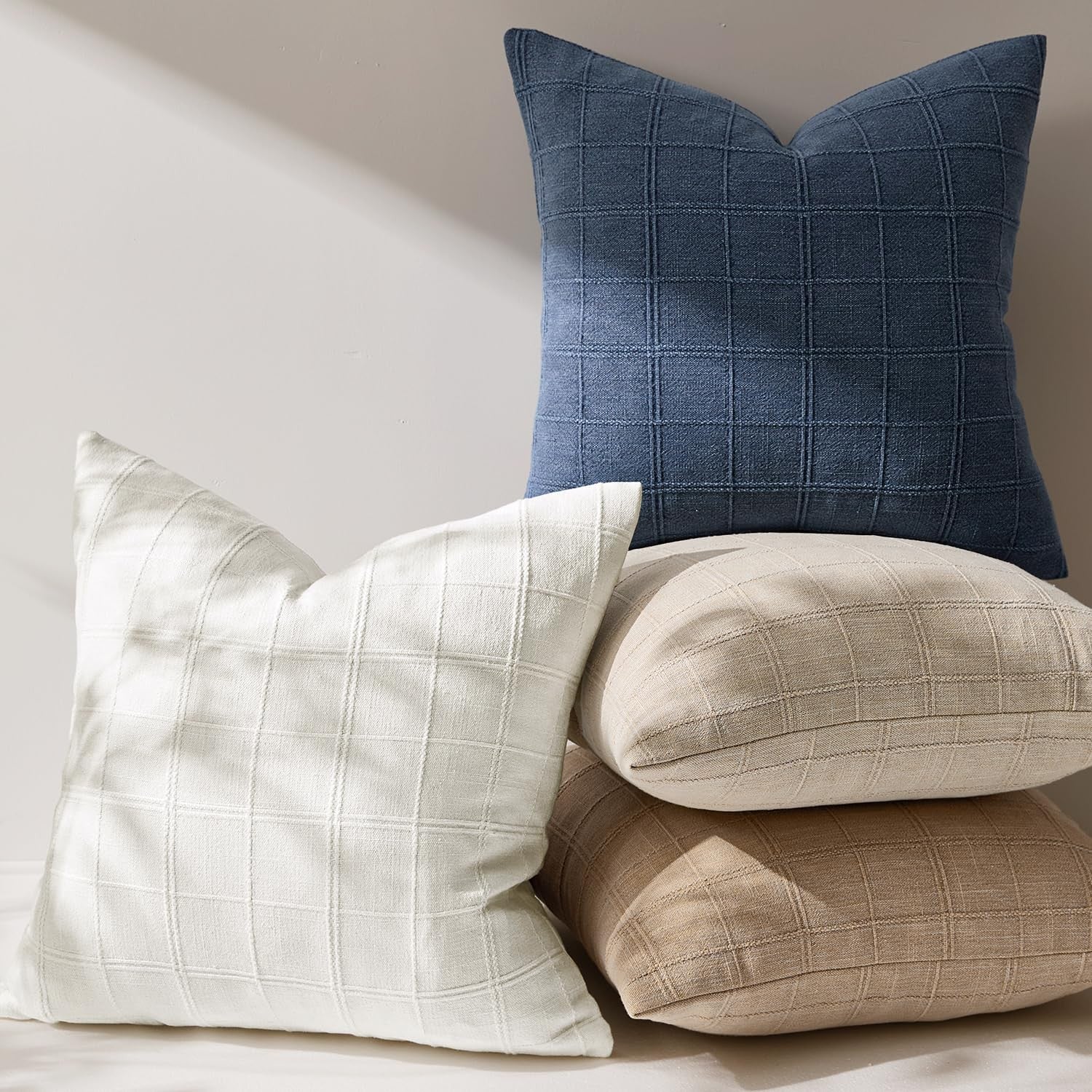 Woaboy linen check throw pillow covers set of 2, 26x26 inches, blue farmhouse style euro pillows with a classic check pattern.