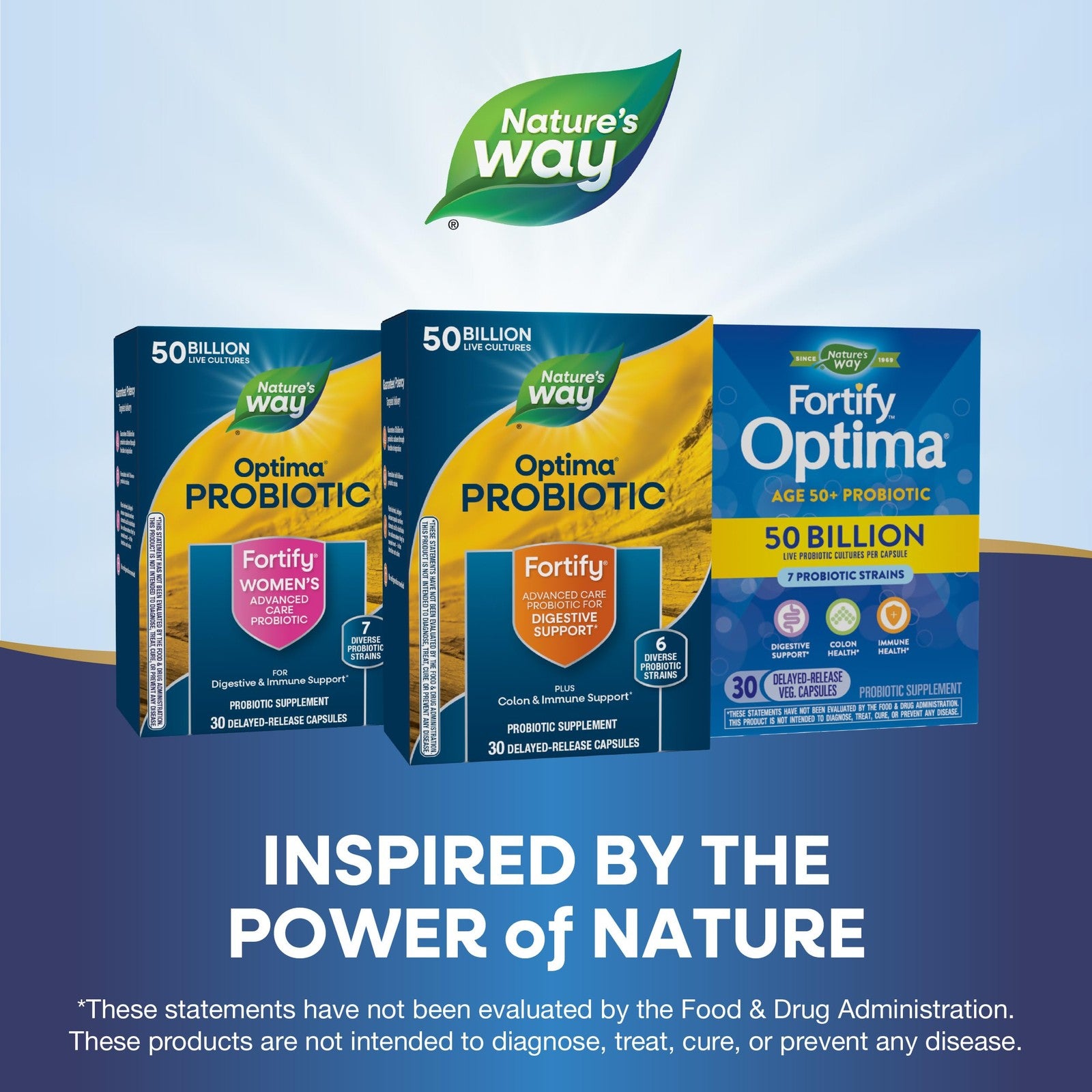 Nature's Way Fortify Optima probiotic bottle with 50 billion live cultures for men and women, dietary supplement capsules.