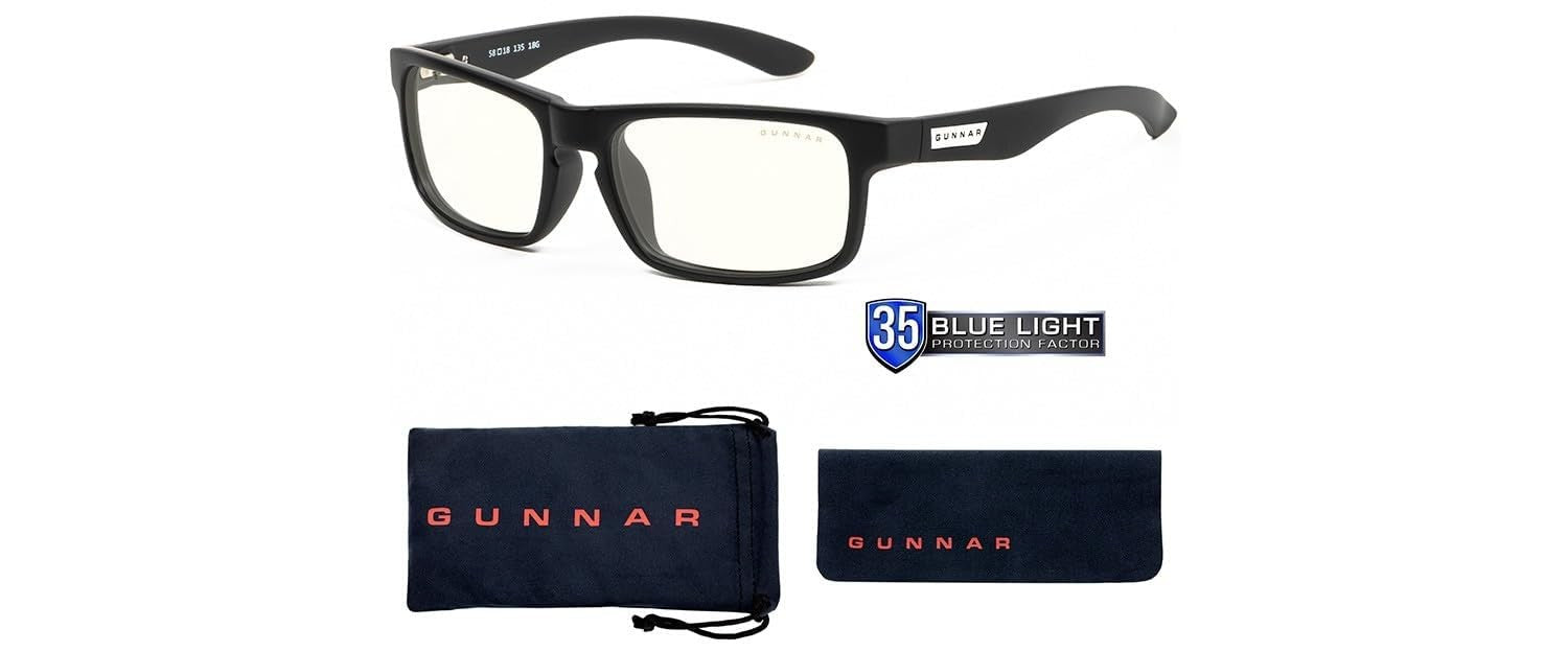 Gunnar Enigma premium gaming and computer glasses blocking 35% blue light, with clear lenses and black frame.