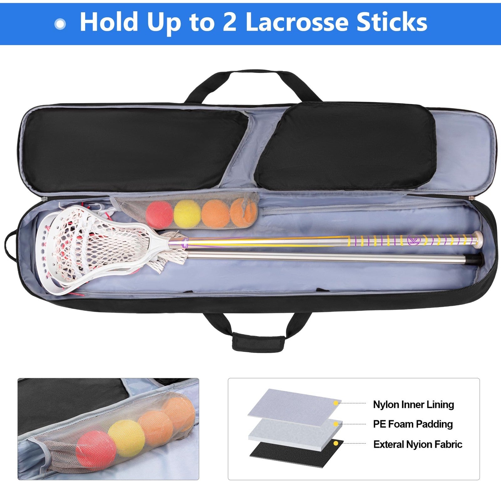 DSLEAF padded lacrosse stick bag holding two sticks and gear, with a separate shoe compartment for convenient storage.