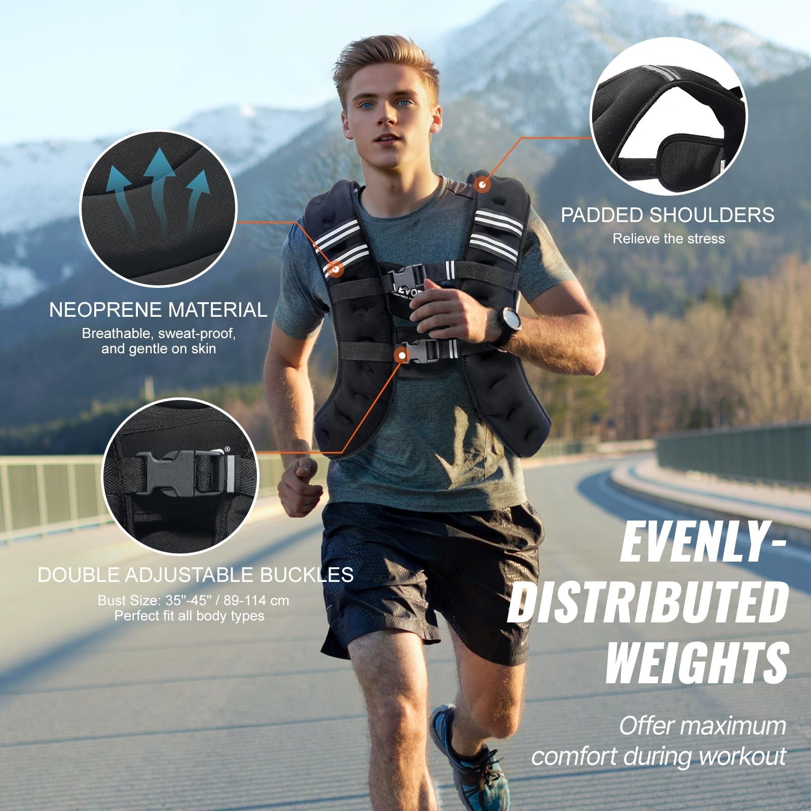 VEVOR weighted vest with 30 lbs weight, adjustable straps, reflective stripe and buckles, designed for strength training and fitness.