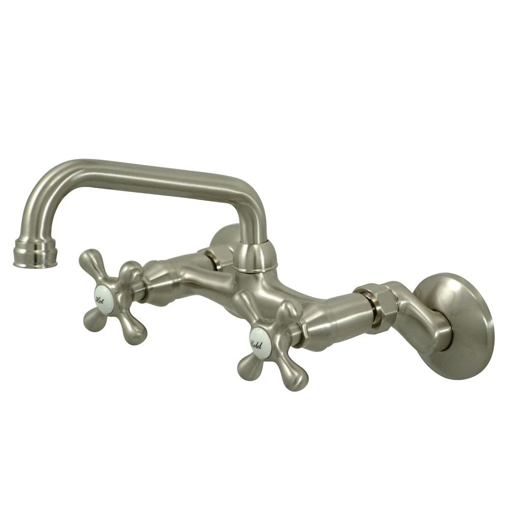 Kingston Brass KS213SN two handle wall mount kitchen faucet with brushed nickel finish and visible handles and spout