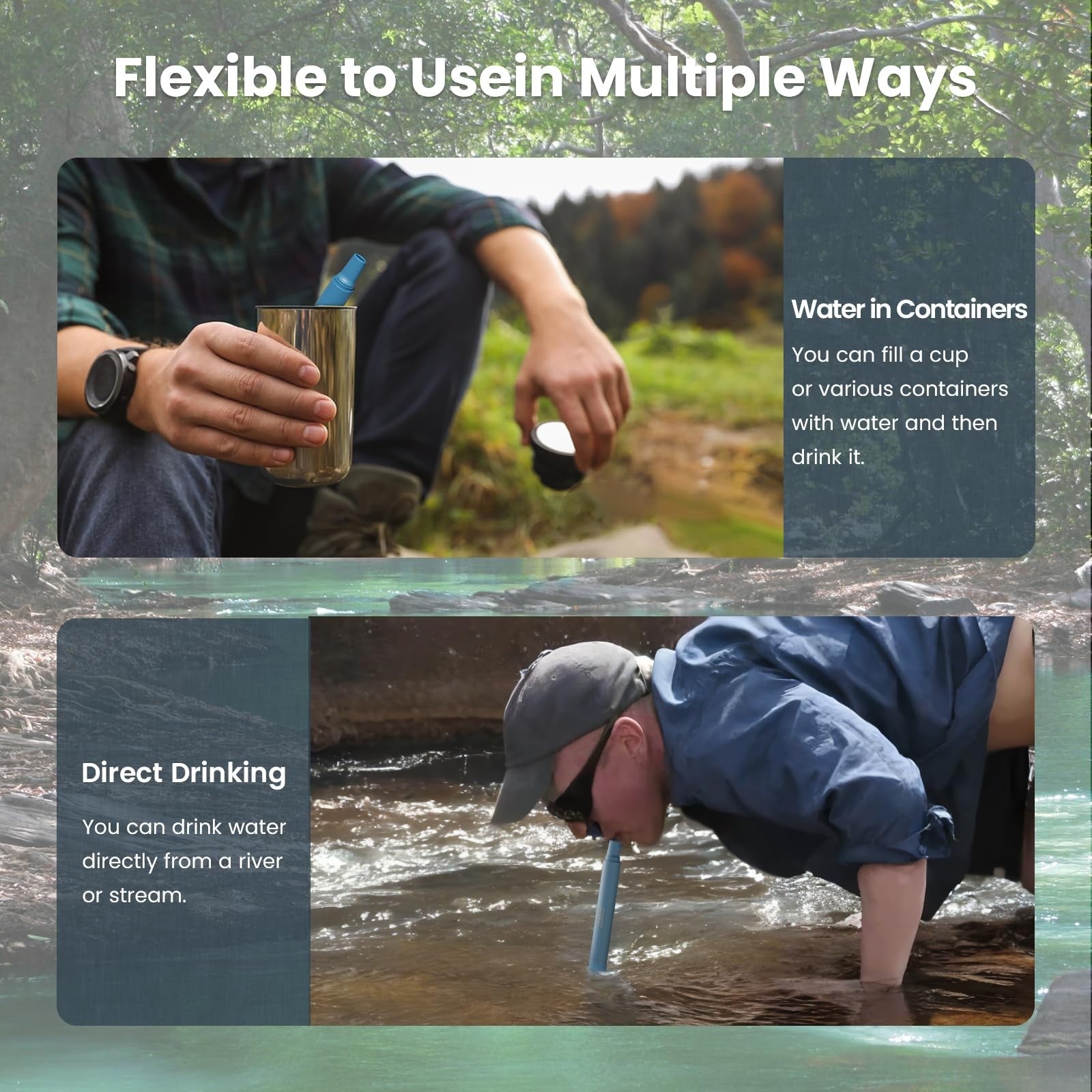 Joypur 8-pack water filter straws for hiking, camping, travel, and emergencies, showing compact portable water purifier devices.