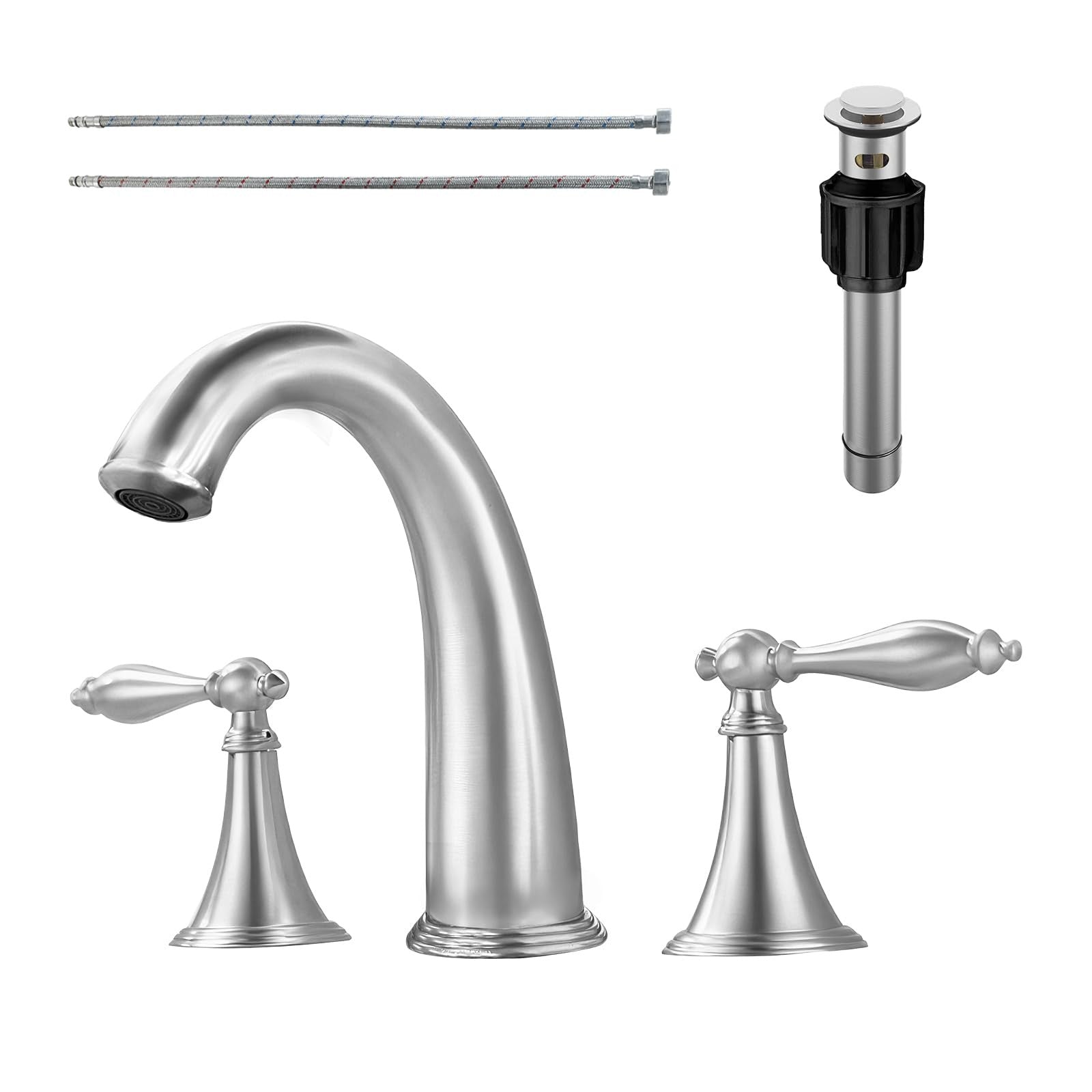 SaniteModar brushed brass bathroom sink faucet with three-hole wide design, modern style and durable finish.