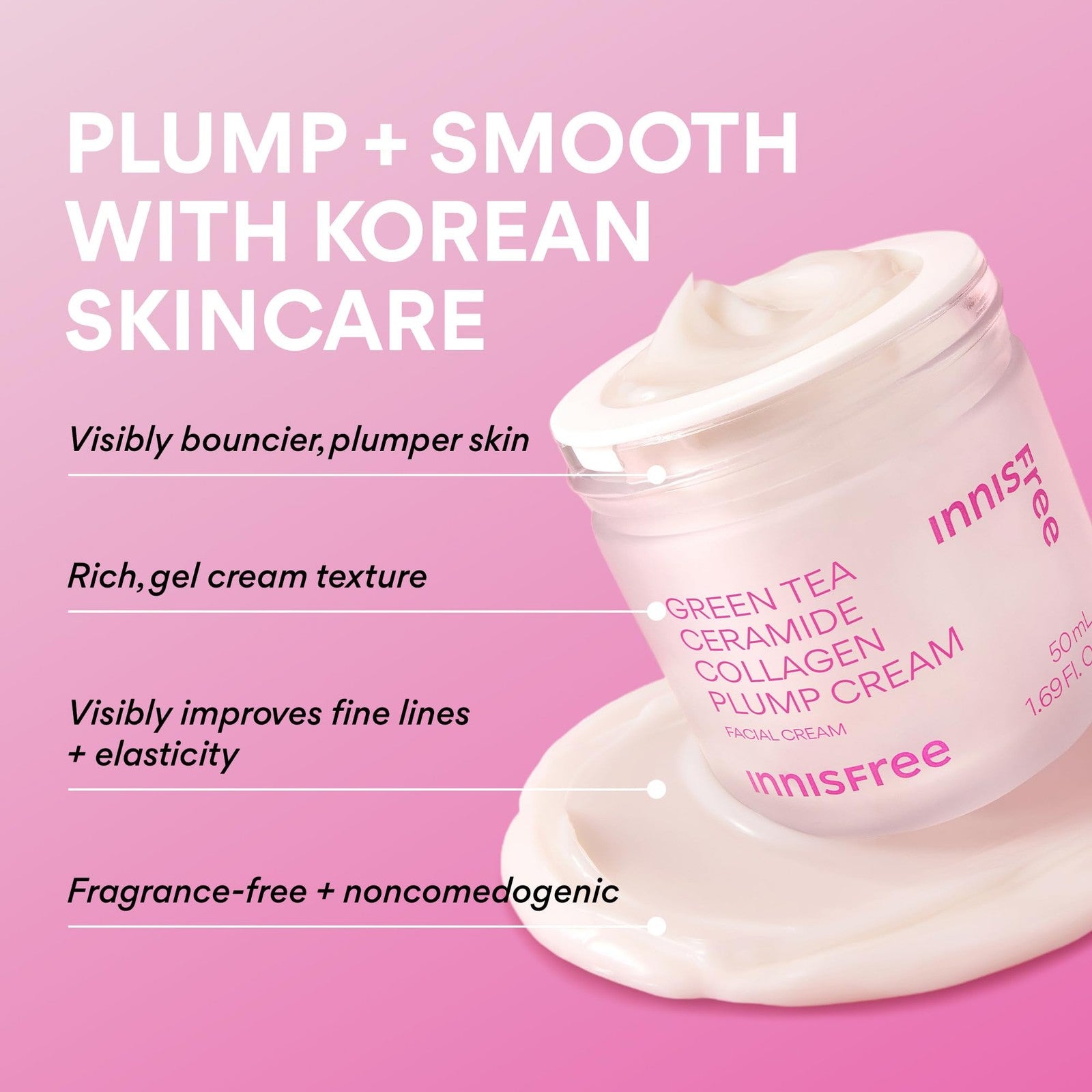 Innisfree Green Tea Ceramide Collagen Plump Cream jar with green tea leaves and cream inside, Korean face moisturizer for hydration.