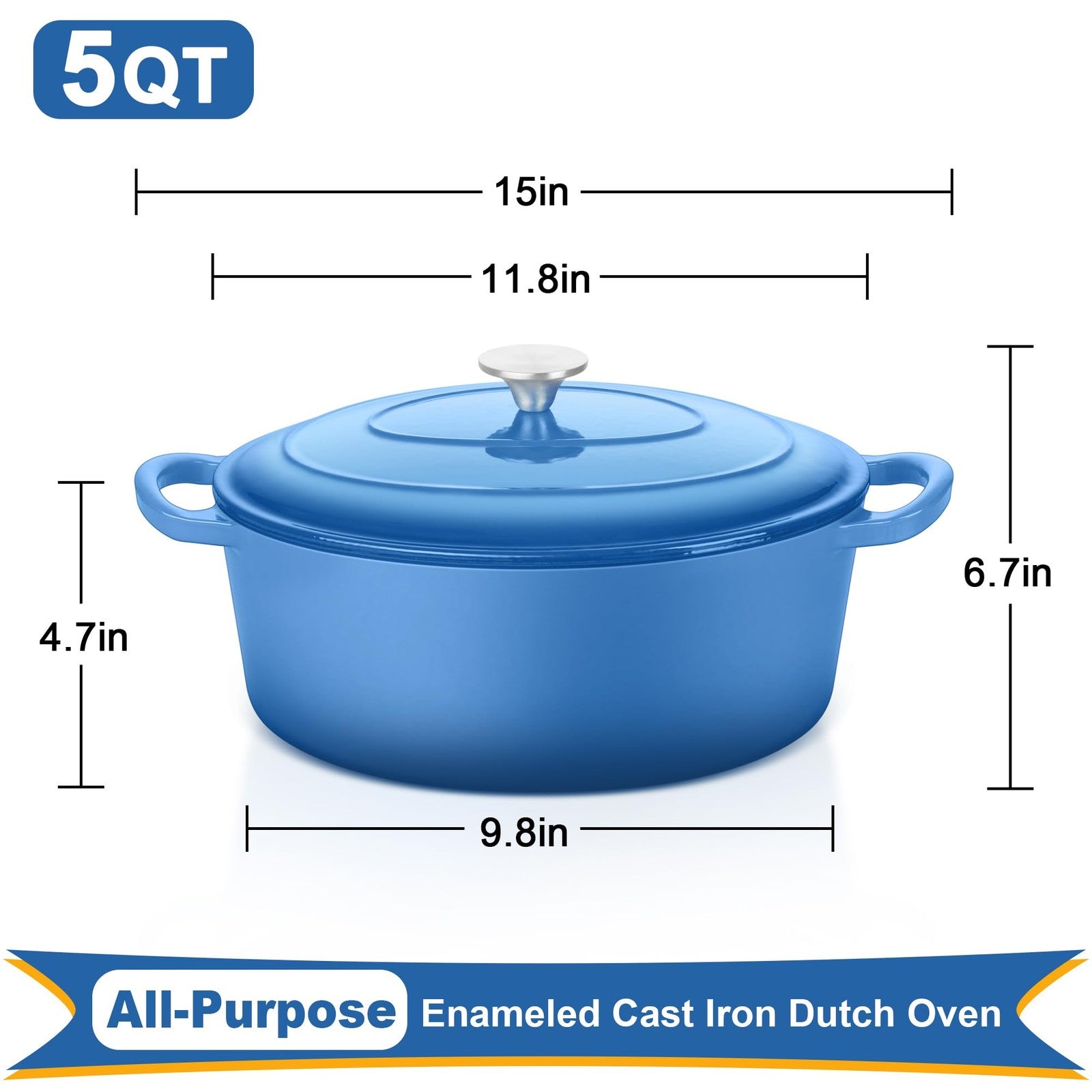 E-far 5QT oval enameled cast iron Dutch oven with lid, showing a red glossy finish and sturdy handles.