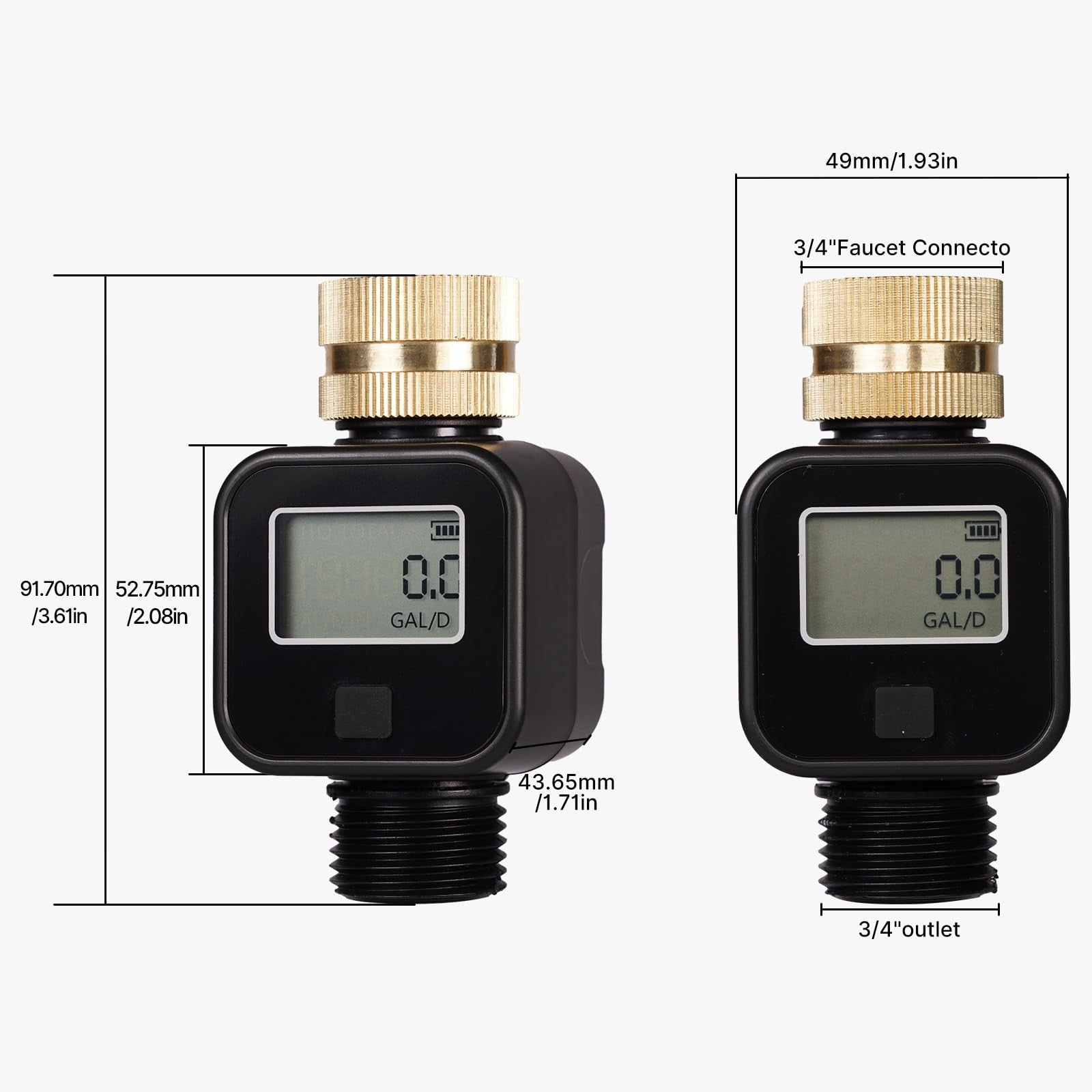 MOES water flow meter with brass inlet and metal thread, showing gauge and measurement dial for gallon and liter consumption.