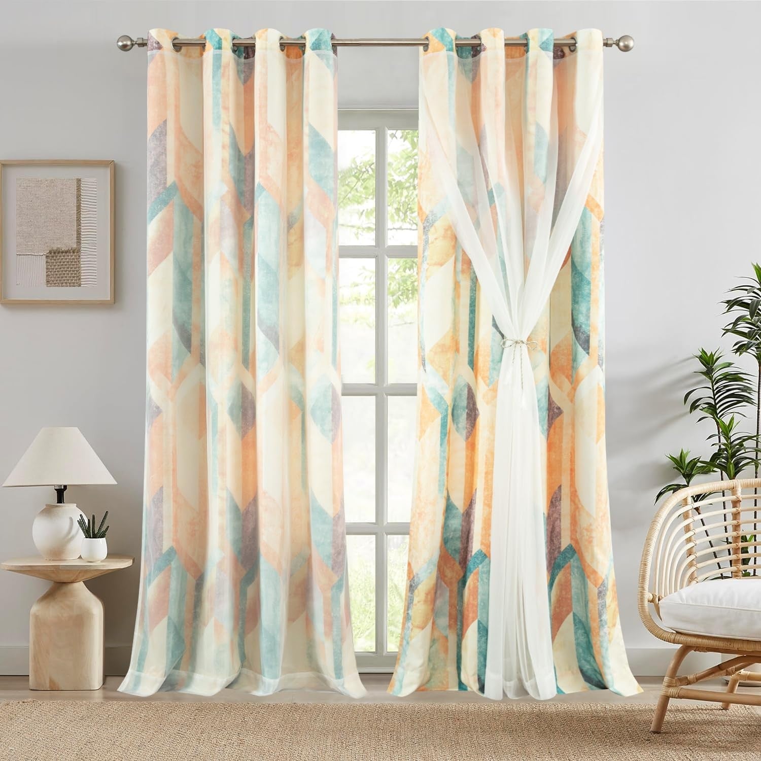 Leeva linen textured double layered curtains with geometric print, providing privacy and a stylish window treatment.