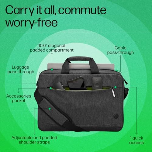 HP Prelude top-loading laptop bag with water-resistant fabric, designed to fit 15.6-inch laptops, featuring durable material and padded straps.