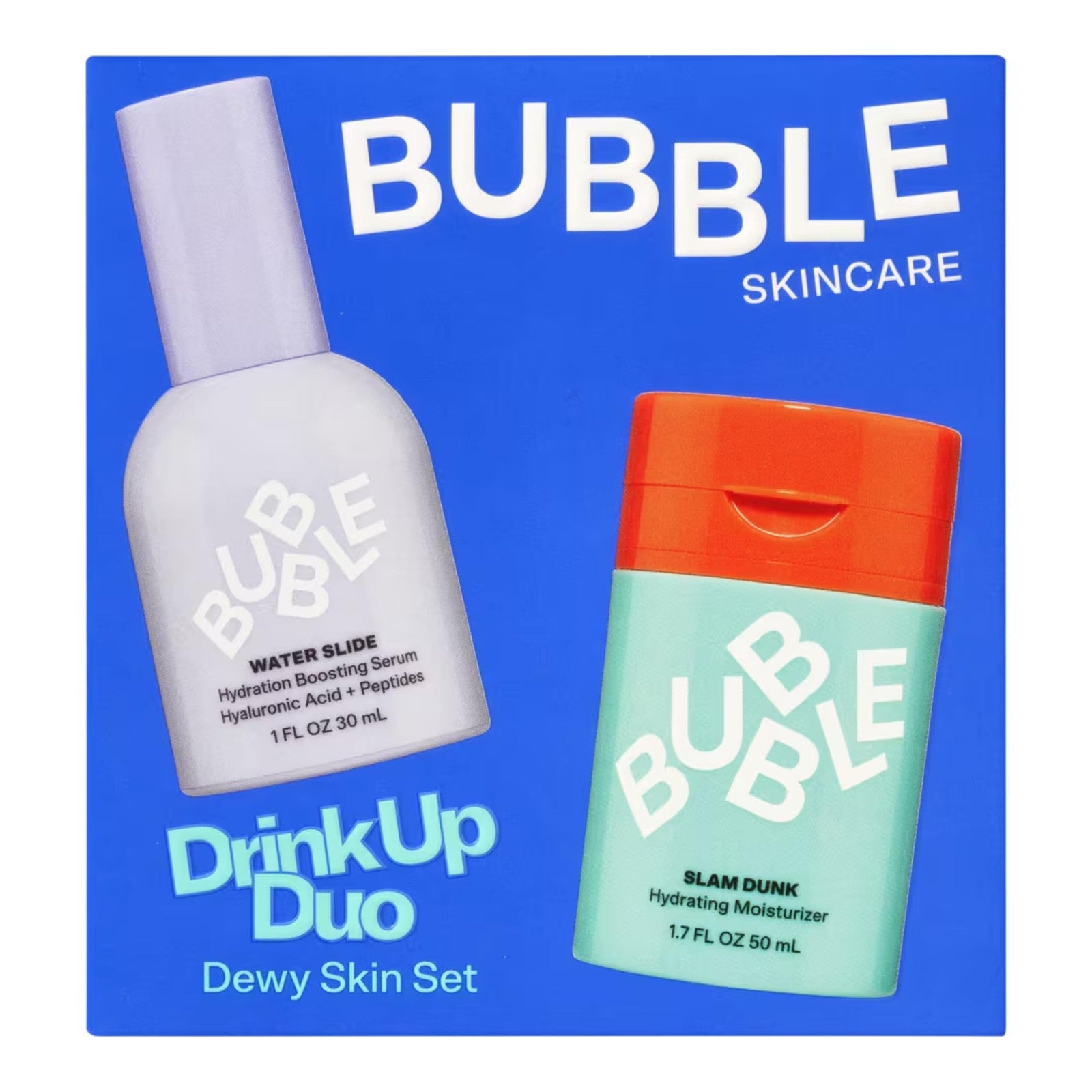 Bubble Skincare Drink Up Duo dewy skin care set with travel-sized bottles, featuring hydrating formulas for glowing skin.