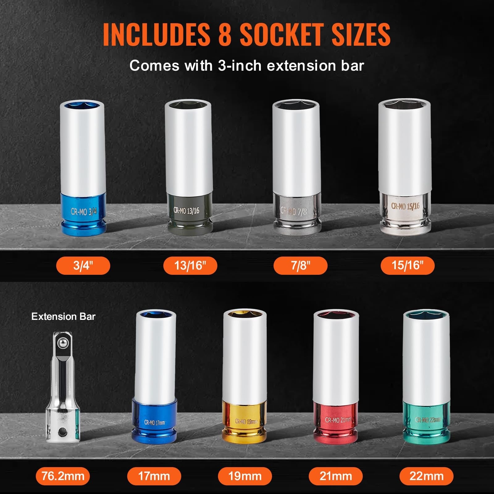 VEVOR 9-piece 1/2 inch drive impact socket set with metric and SAE 6-point lug nut impact sockets on a white background.