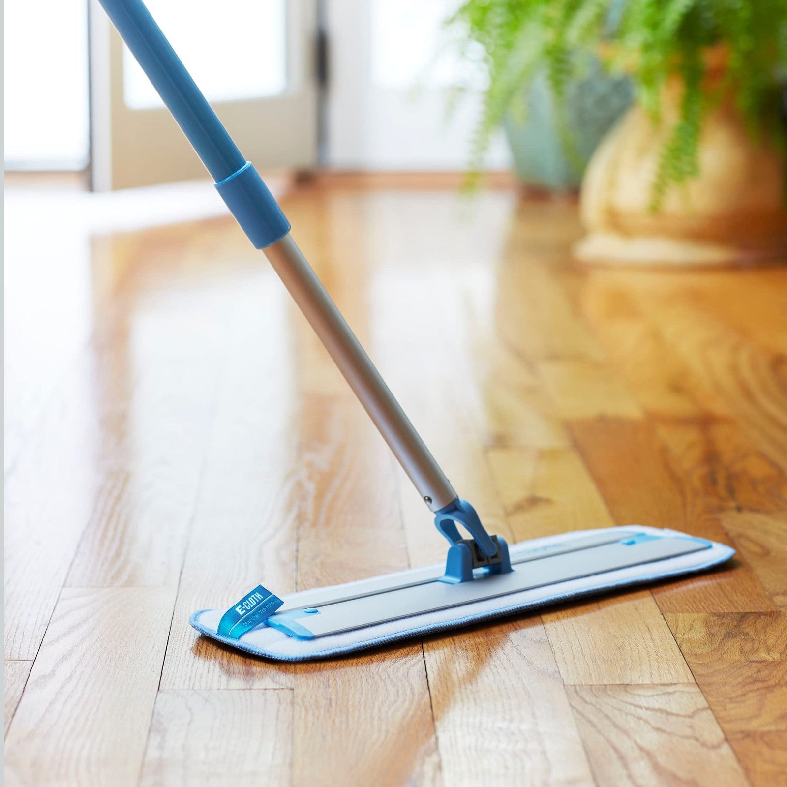 E-Cloth Deep Clean microfiber mop pad for home cleaning, shown attached to a flat mop for hard floor surfaces.