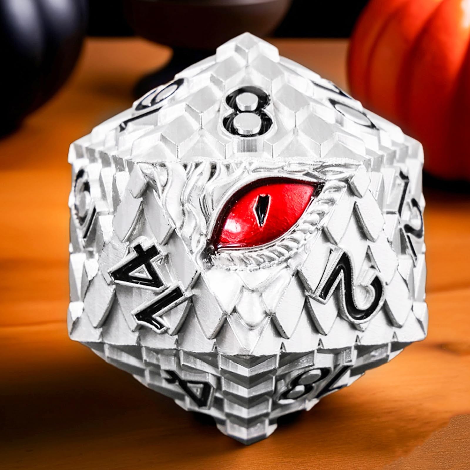 Metal D20 DND dice with dragon scale design, giant polyhedral 20-sided die in metallic finish by Handan