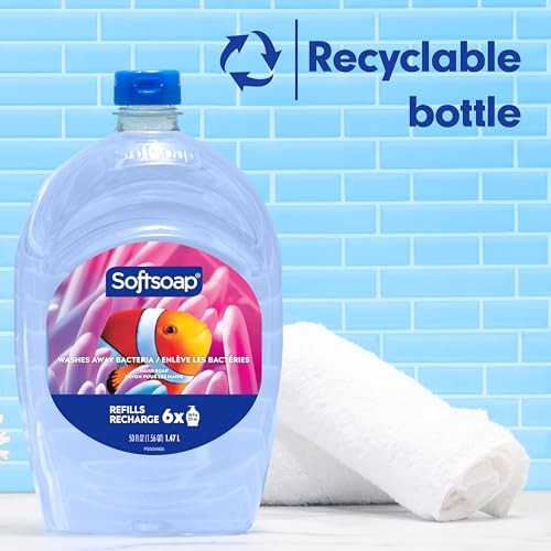 Softsoap liquid hand soap refill packs with aquarium scent, totaling 300oz in six 50oz bottles, displayed in the image.