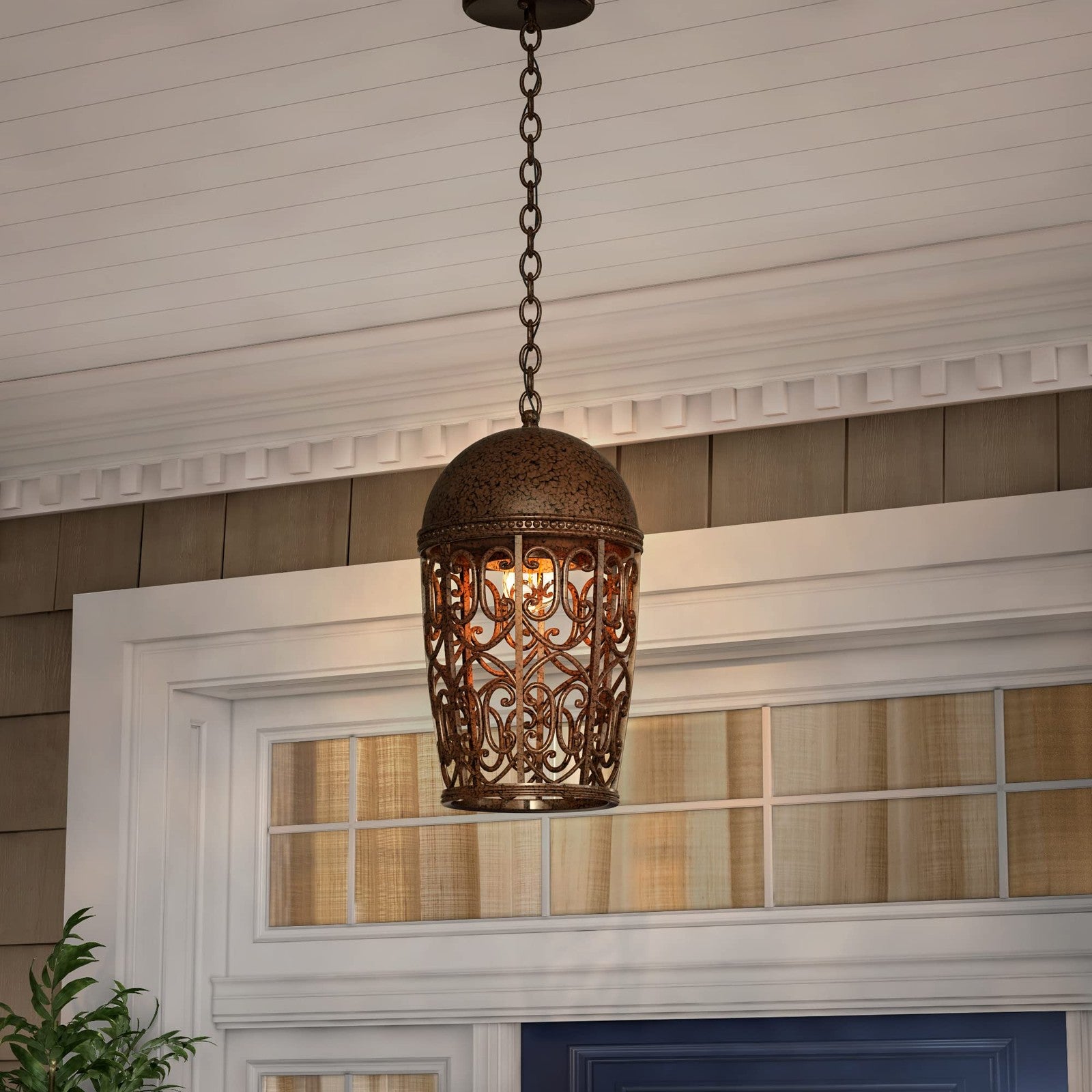 Designers Fountain Amherst hanging lantern in burnt umber with classic metal frame and glass panels.