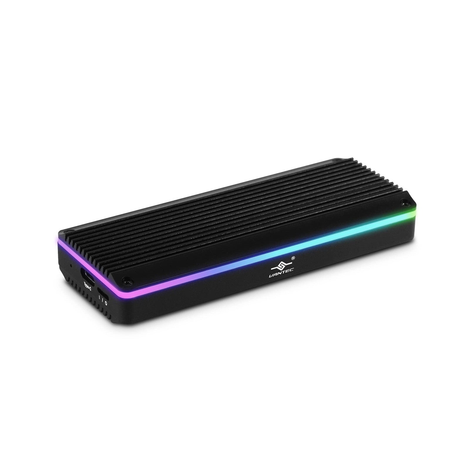Vantec M.2 NVMe SSD to USB 3.1 Gen 2 Type C RGB enclosure in black, showing the portable enclosure with USB-C port and RGB lighting.