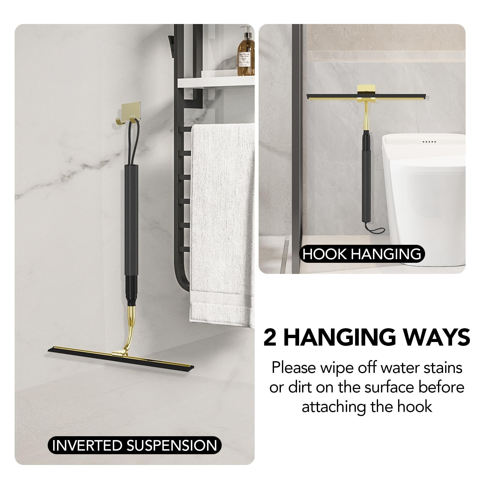 Rakovar shower squeegee with long telescopic handle extended for window and shower glass cleaning, adjustable from 15 to 51 inches.