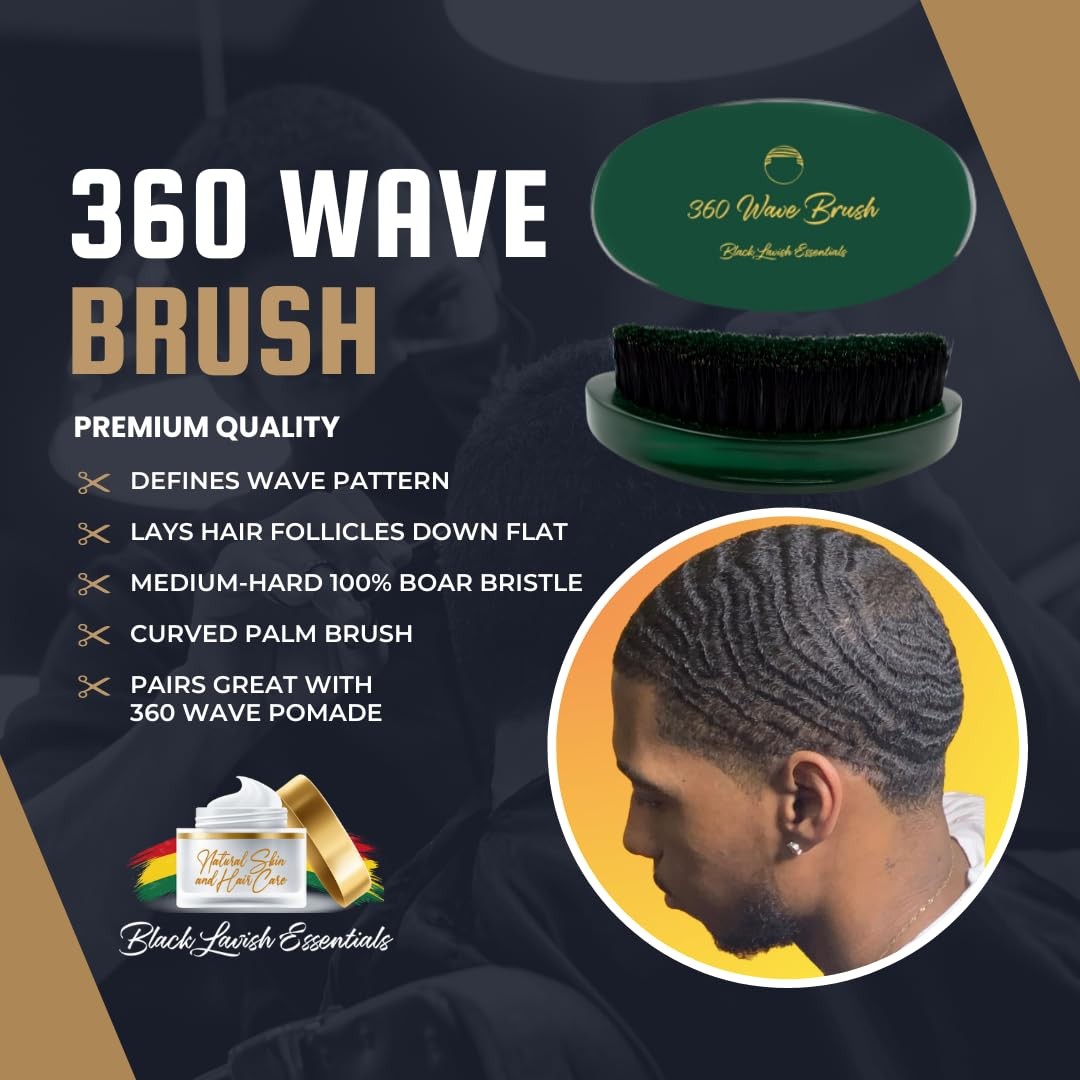 Black Lavish Essentials 360 Wave Brush with curved design, soft and hard boar bristles for building deep, smooth waves.