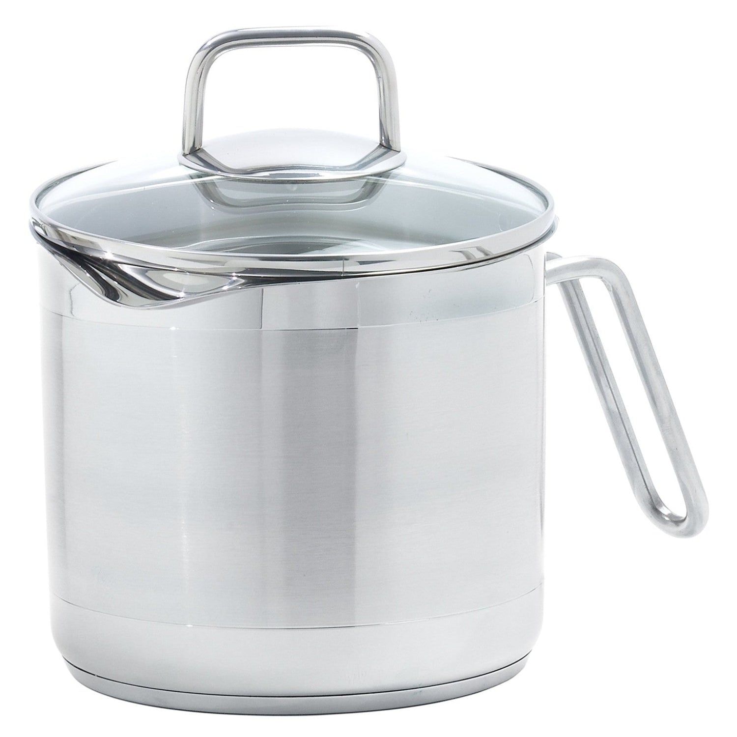 Norpro 8-cup stainless steel multi-pot with straining lid, showing the shiny pot with lid and handle for versatile cooking.