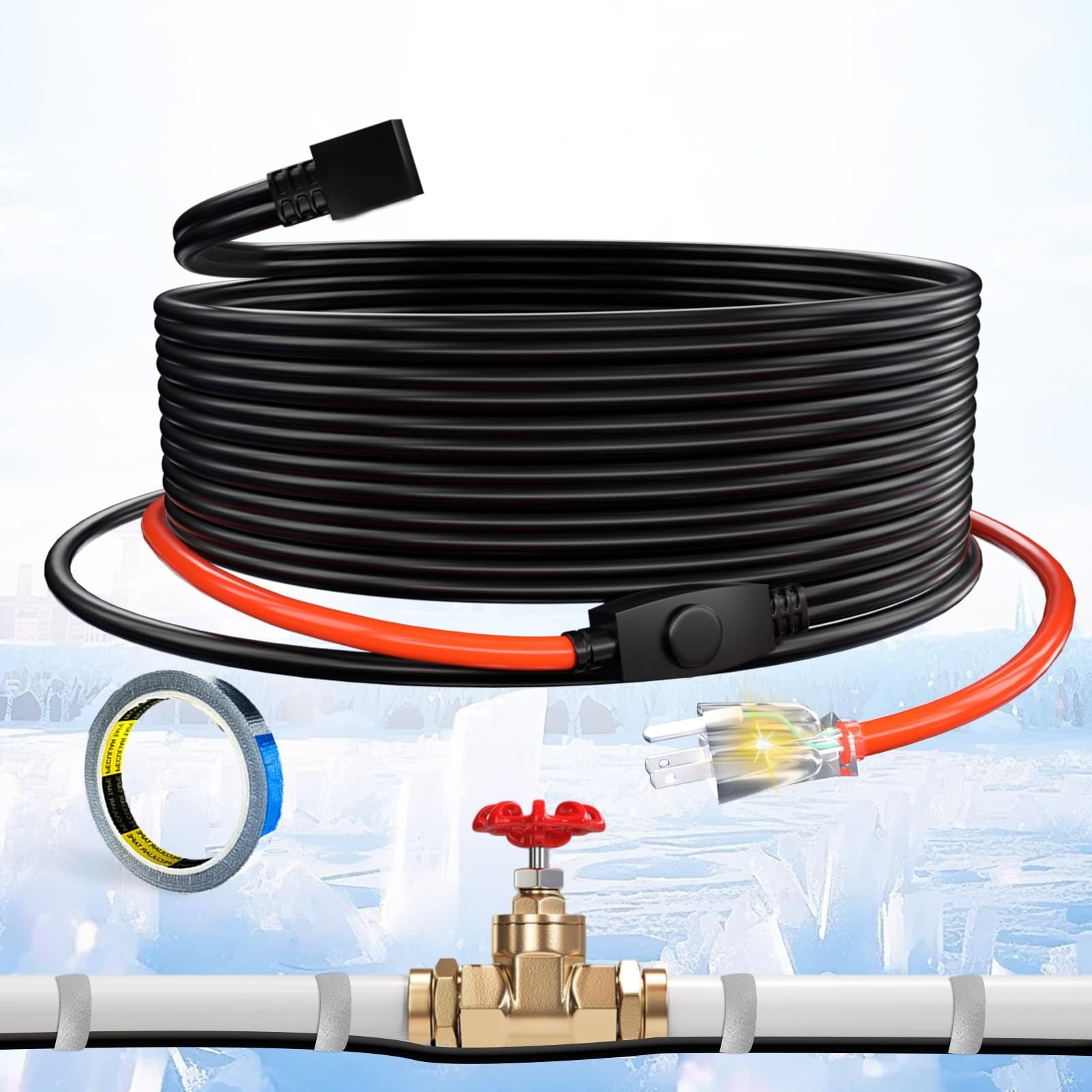 TOPDURE Pipe Heat Cable designed for freeze protection of water pipes, energy-saving, ETL C listed, with visible wiring and insulation.