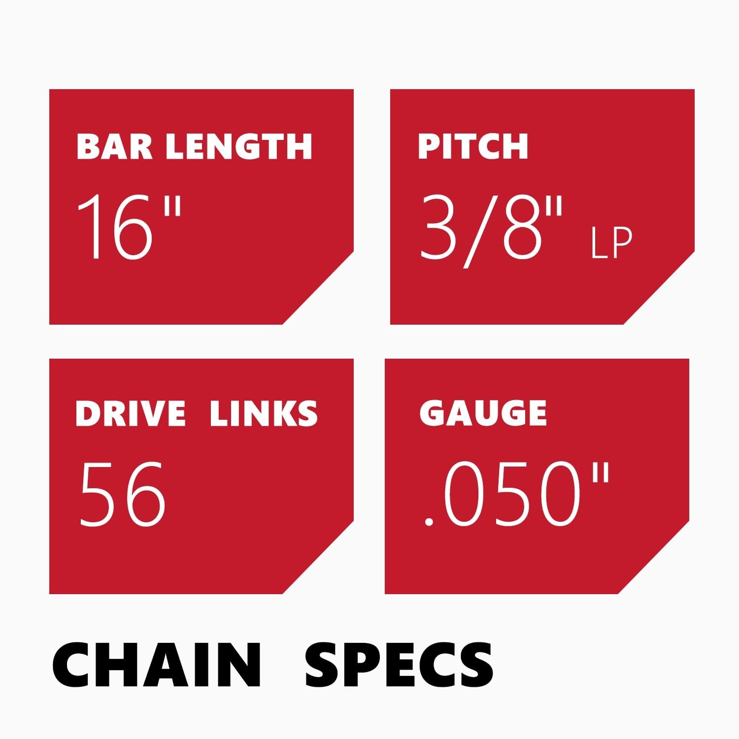 16-inch chainsaw chain with 3/8 inch pitch, .050 gauge, 56 drive links, compatible with various chainsaw brands.
