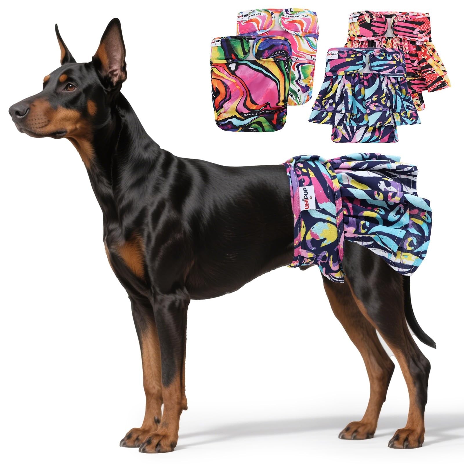UNIPUP female dog reusable diapers with no hole design, washable period panties for female dogs, shown in the image.