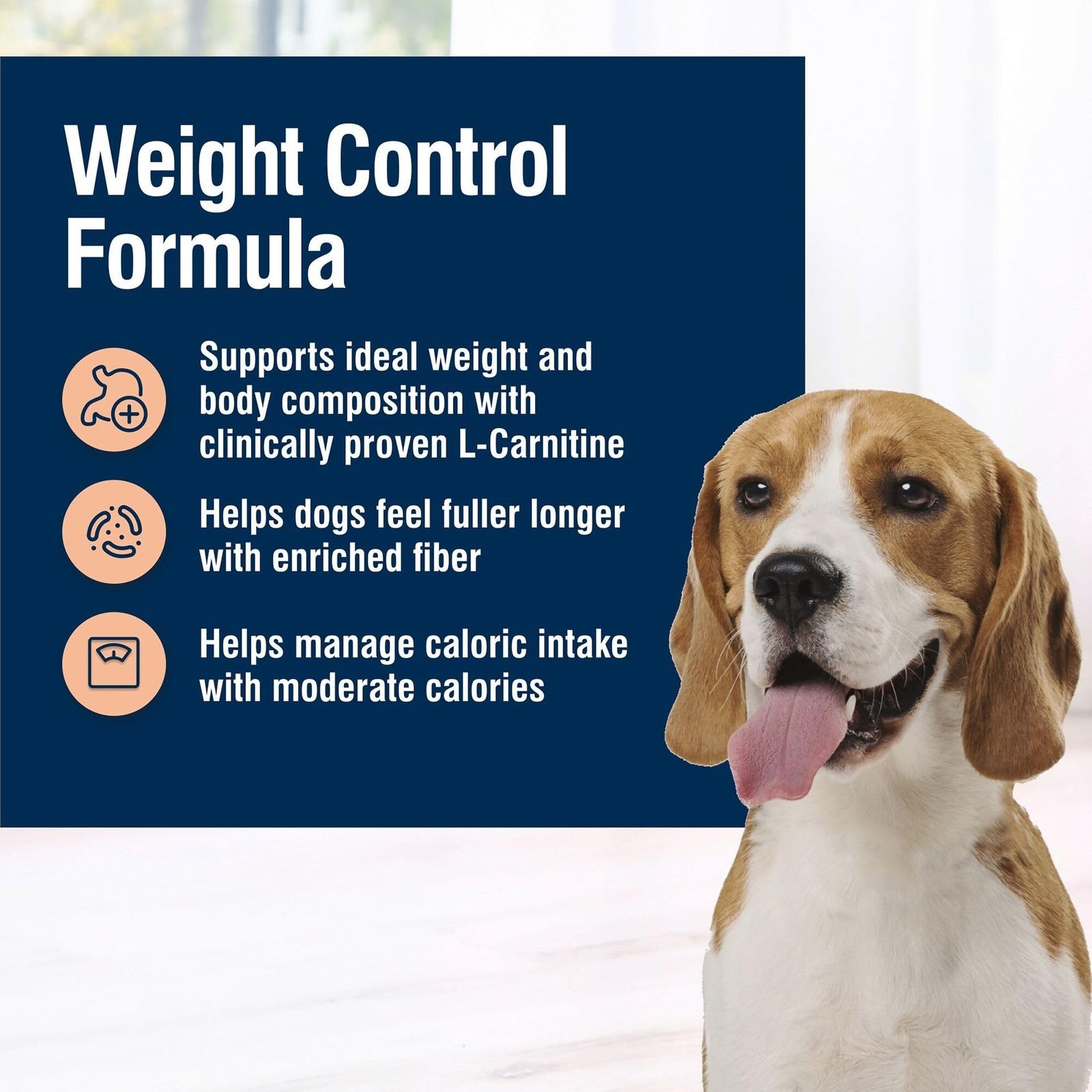 Blue Buffalo True Solutions weight control dry dog food for adult dogs, natural formula in a blue bag with kibble visible.