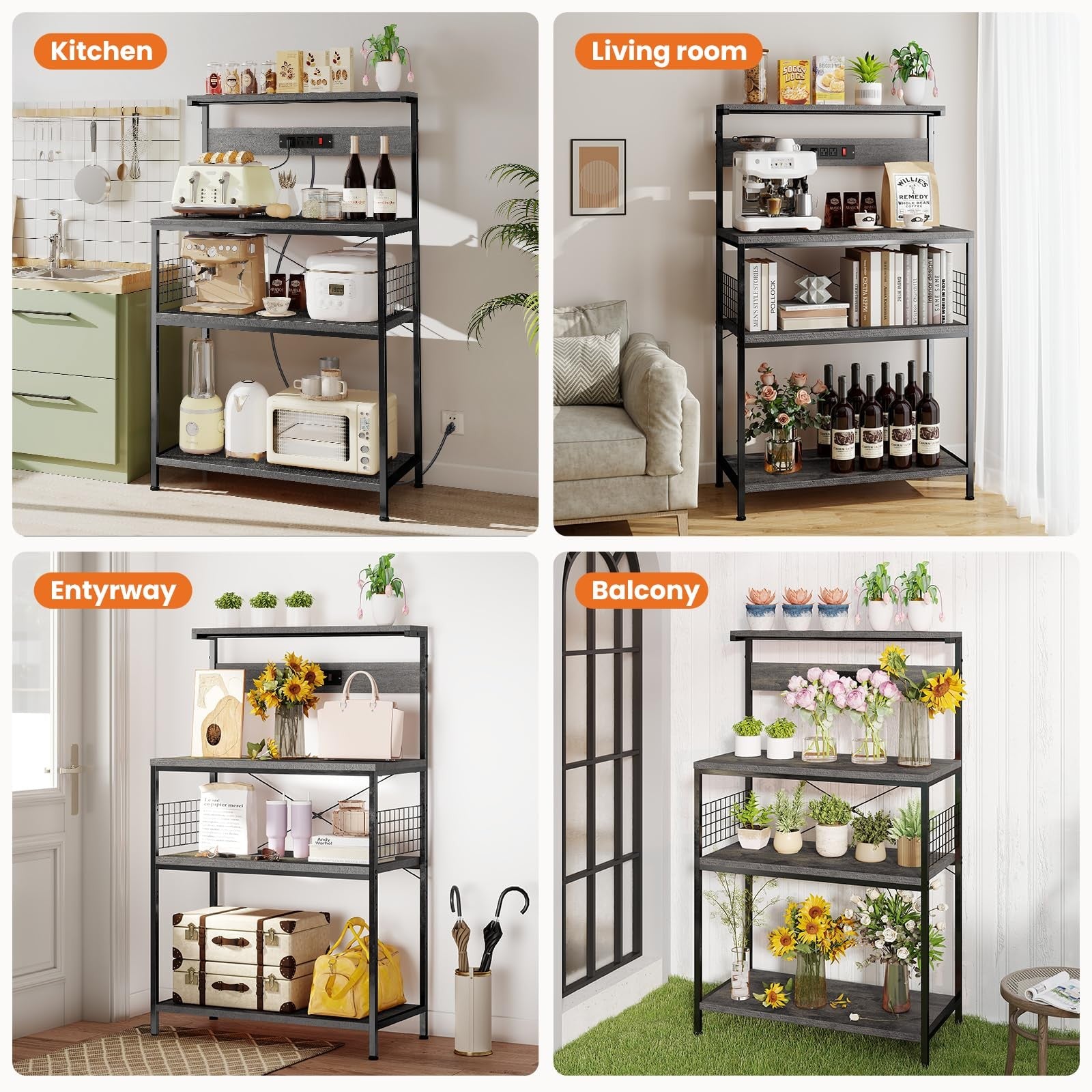Sweetcrispy kitchen bakers rack with power outlet, four-tier coffee bar table and microwave space, ideal for organized kitchen storage