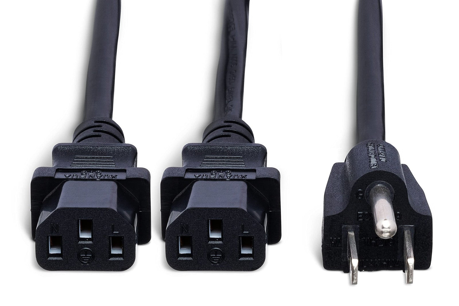 Hosa YIE-406 Power Y cable with dual IEC C13 connectors to NEMA 5-15P plug, 1.5 feet long, for audio and equipment power.
