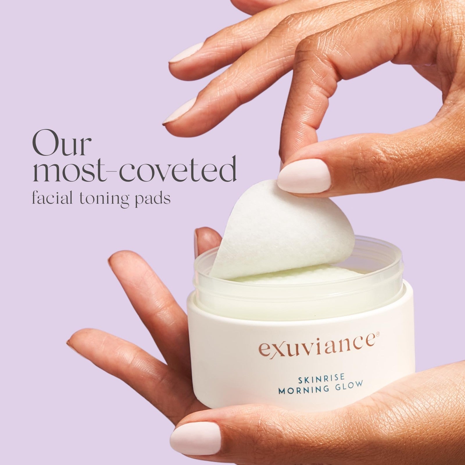 EXUVIANCE SkinRise Morning Glow anti-aging facial toning pads with exfoliating texture, designed to refresh and brighten skin.